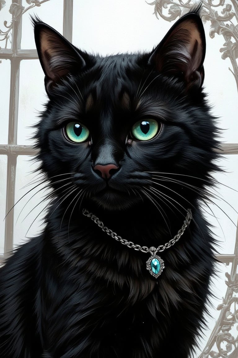 Masterpiece, professional, award-winning, intricate details, ultra high detailed, 64k, dramatic light, volumetric light, create a realistic and cute comic style sleek black cat with piercing emerald eyes and a  pink nose. Her fur is styled in loose, flowing waves, and she wears a delicate silver necklace with a tiny crystal pendant. Showcasing incredible texture and detail. Rendered in high-quality, super-detailed textures. Meticulously illustrated. The white filigree background adds to the ominous atmosphere, 8k,ek_art_b00ster,anime,illustrated,Enhanced all