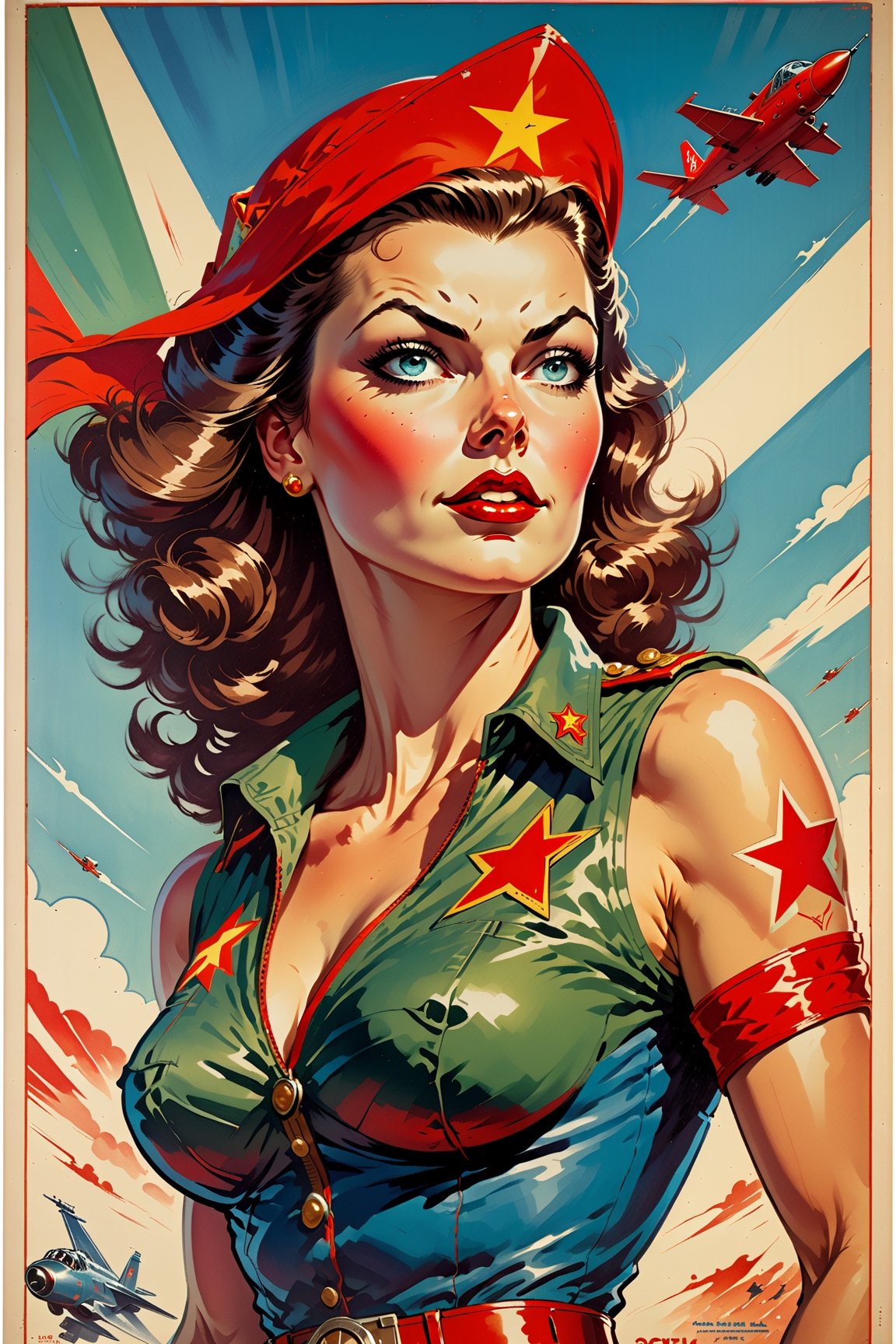 American World War II poster, Gil Elvgren style ((CCCP poster, Soviet poster)) (a medium-sized dark-haired woman with superhero outfit) Poster propaganda, poster, blue sky with fighter jet, hero uniform, 1girl, solo, good body, poster design, poster art style. 1980s, 1950s, 1960s, 1940s, basic color scheme, very colorful poster, colorful art, third rule, inspiring, woman, 1 mature girl, hair blowing in the wind, looking at the viewer, revolutionary, red and blue square background, thick legs, green eyes,Comic Book-Style 2d,2d