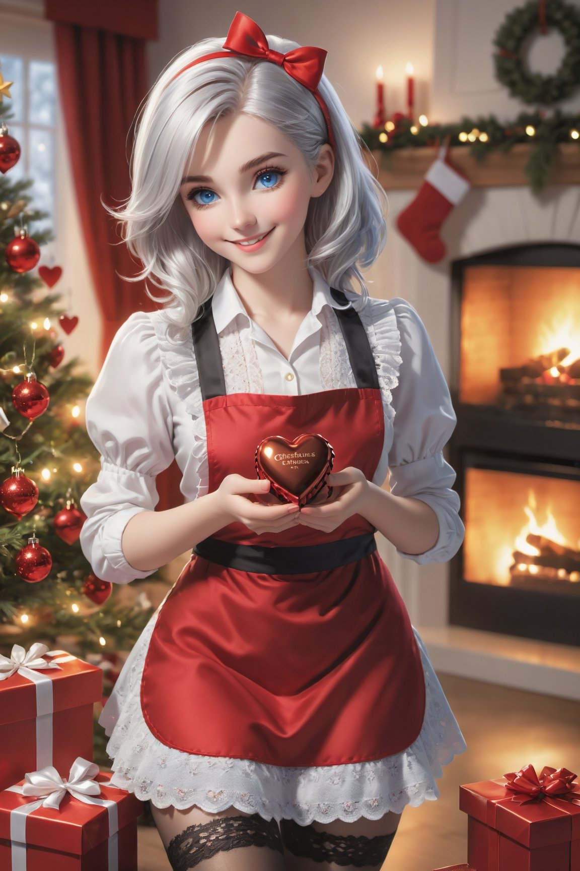 Girl with silver hair and blue eyes, holding with both hands a box of chocolates in the shape of a heart, offering gift with both hands, shy look, blushing, dressed in a red apron and white blouse with lace and black count, red headband, white thigh stockings, Realistic portrait, Amazing face and eyes, (Best Quality:1.4), (Ultra-detailed), (extremely detailed CG unified 8k wallpaper), Highly detailed, Christmas night, surrounded by warm light, smiling happily, fireplace, Christmas, Christmas Ornaments, Christmas tree, the happiest time, highest image quality, highest resolution, depth of field,