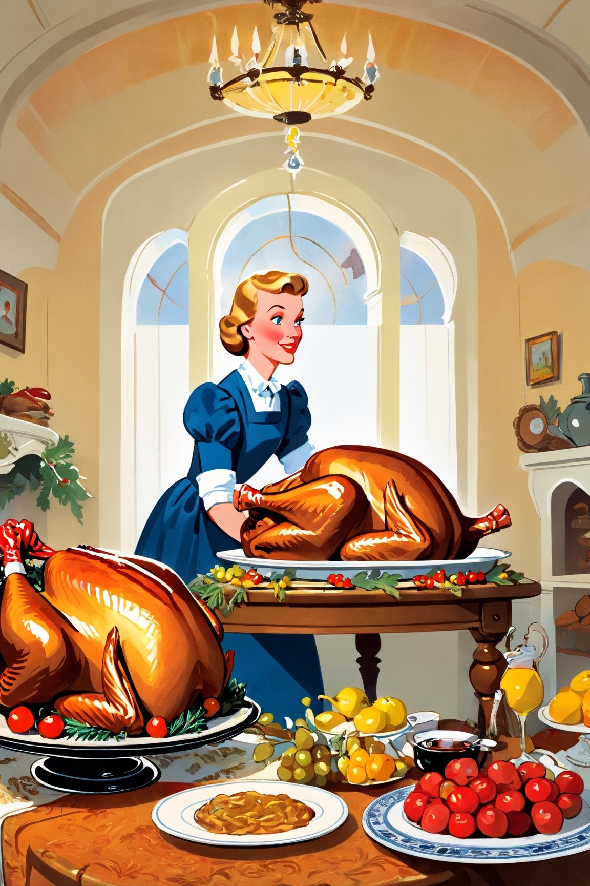 (masterpiece)), (((best quality))), ((ultra-detailed)), a woman standing in front of a table with a cooked turkey on it, a storybook illustration by Mary Davis, 
Lady Davis, pixabay contest winner, synthetism, storybook illustration, flat shading, flickering light,Story book ,Retro art,niji style