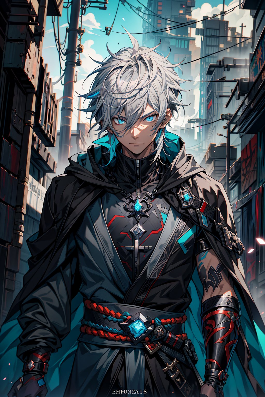 Cyberpunk male,fansty world,background inside dark,Clean design,Epic Instagram,art  stations,Colorful paint splashes,contours,Hyper-detailed intricate details,unreal-engine,fanciful,Complicated details,splash image,complementary colours,fantasy concept art,8K分辨率,A masterpiece of deviantart,oil painted,Heavy strokes,paint drips,（Isolate on a white background：1.3）,Rainbow skins,(((A handsome young))), ((Teenage:1.5)), (glow blue eyes), ((Eyes have light)),((((Short gray hair:1.1))), ((black-clad)), (prinz\\(Indifferent expression\\),, (((Wearing a luxurious black robe with high details))), A head of white hair,Frost magic,((chest muscle) ,Anime characters armed with swords and blue light, Keqing from Genshin Impact, Detailed key anime art, handsome guy in demon killer art, Genshin impact's character, Detailed digital anime art, Genshin, Key anime art, detailed anime character art, Badass anime 8 K, nagito komaeda, Anime epic artwork, Anime fantasy illustration --v 6