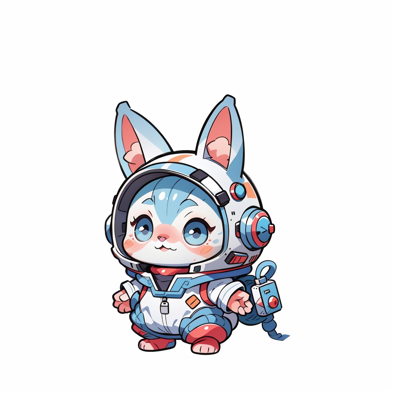 cartoon silver tabby cat in a blue spacesuit, blue Helmet, centered, full body, no_humans, Depth of field, ((empty background)), ((whitebackground)), (kawaii:1.3), (anime:1.4), cute, round eyes, (8K, RAW photo, Best quality, masterpiece:1.2),  Logo, vector, Line graphics, design, inspiration, straight line, symmetry