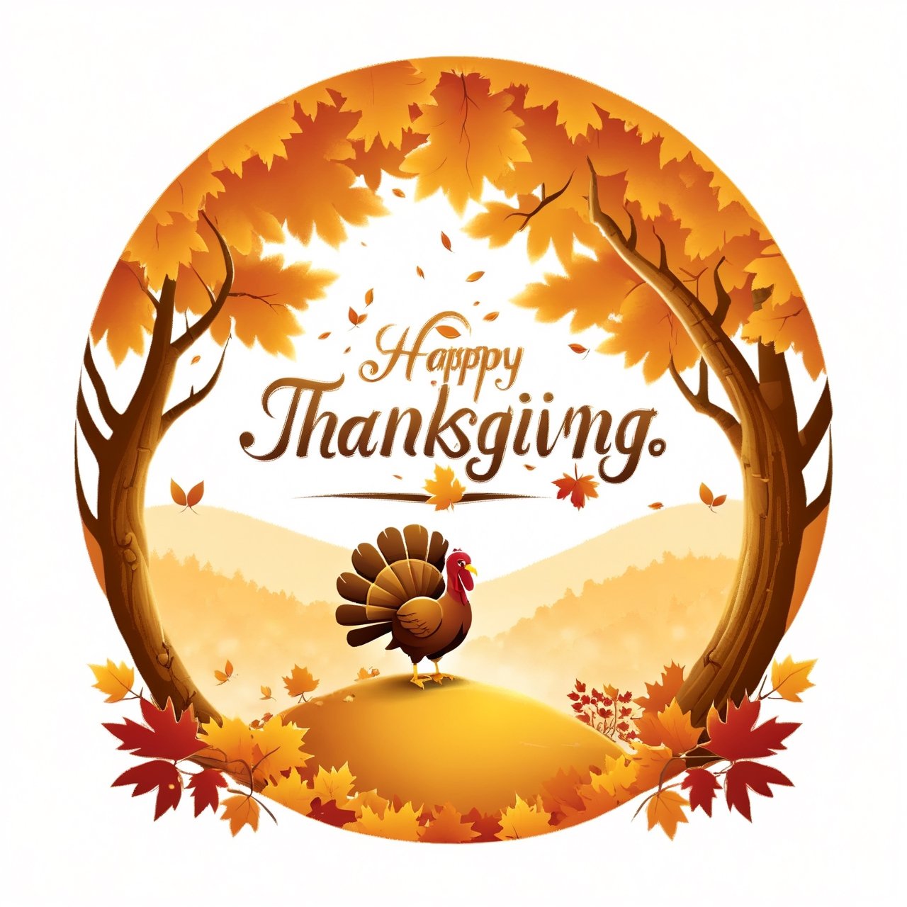 ("THANKSGIVING" text logo: 1.3),Maple tree in autumn landscape, golden mountain, fallen leaves, t-shirt design, vector art, circular silhouette, white background, a turkey holding a text: ("thanksgiving").,Leonardo Style