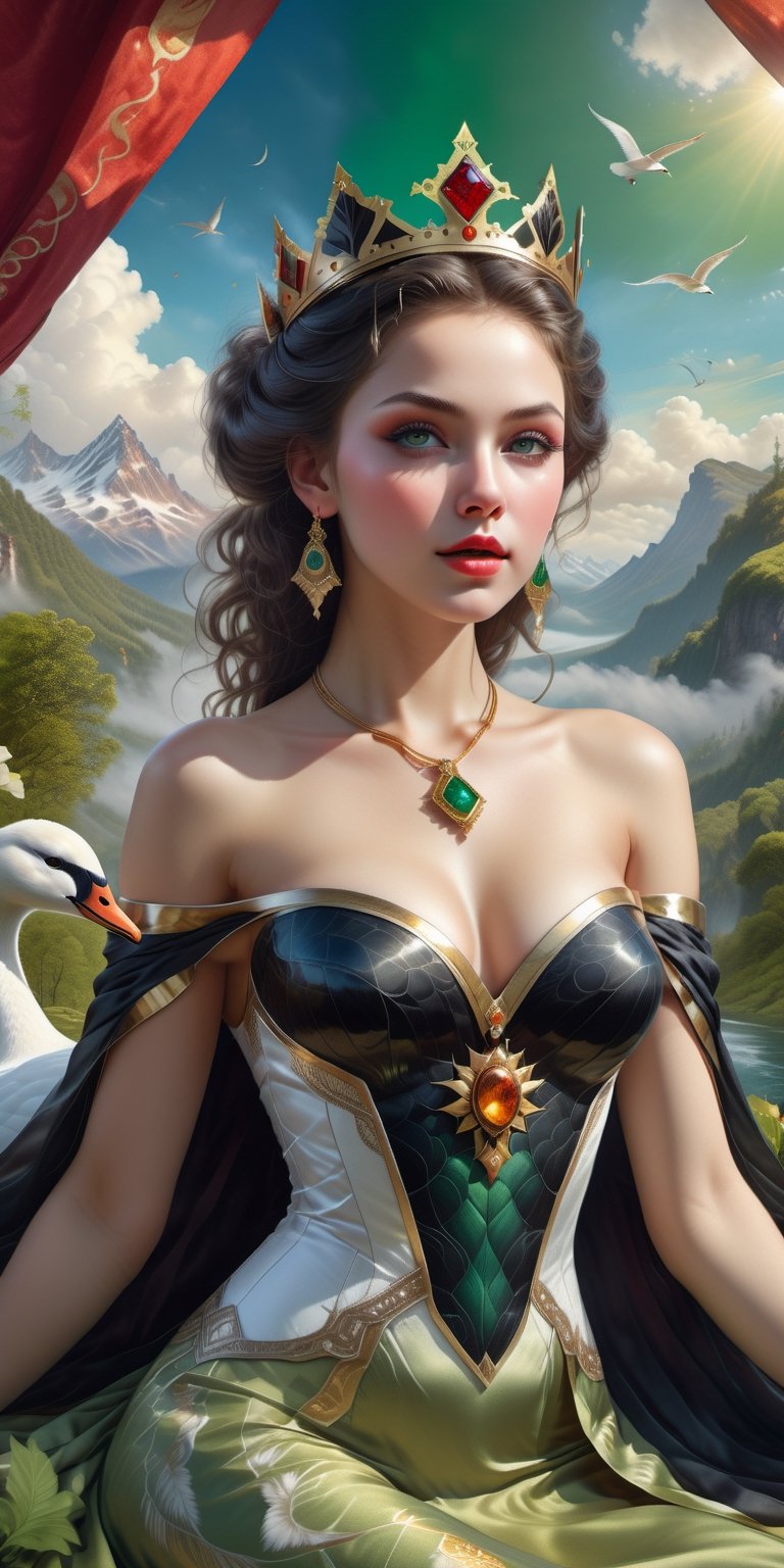 (concept art), masterpiece, best quality, photorealistic, 8k raw photo, a portrait half-body photograph by Tom Bagshaw, tarot card style, [:(detailed face:1.2):0.2], absurdres iris textures, facing viewer, cowboy shot, (photorealistic:1.5), perfect body, 
a beautiful girl pureerosface_v1, smiling, ankle high heels, wearing transparent black off_shoulder_bandage_dress with gold ornaments and crown, necklace, armband, navel ring, transparent heavy lace cloak made of swan feathers, big boobs, green eyes, long legs, long green hair, rim lighting, lying on bed inside a silky luxurious tent, treasure chests, hills, rainforest, blue sky, clouds, sun style-hamunaptra, DarkFantasy