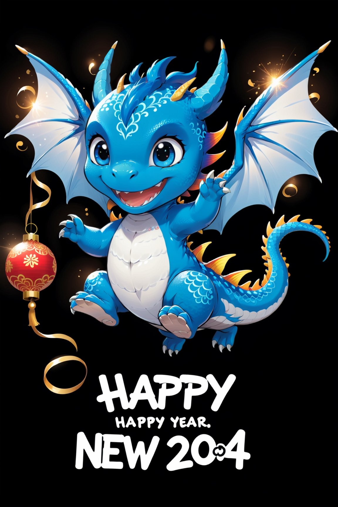 chibi, perfect-composition, Perfect pictorial composition, New Year theme, Hand-drawn simple illustration of a cute Oriental Blue Dragon flying, vector, full frame, out-zoom, black and white vector, black background. Simple style, Generate a banner with the text “Happy New Year 2024”,text logo,Text,thm style