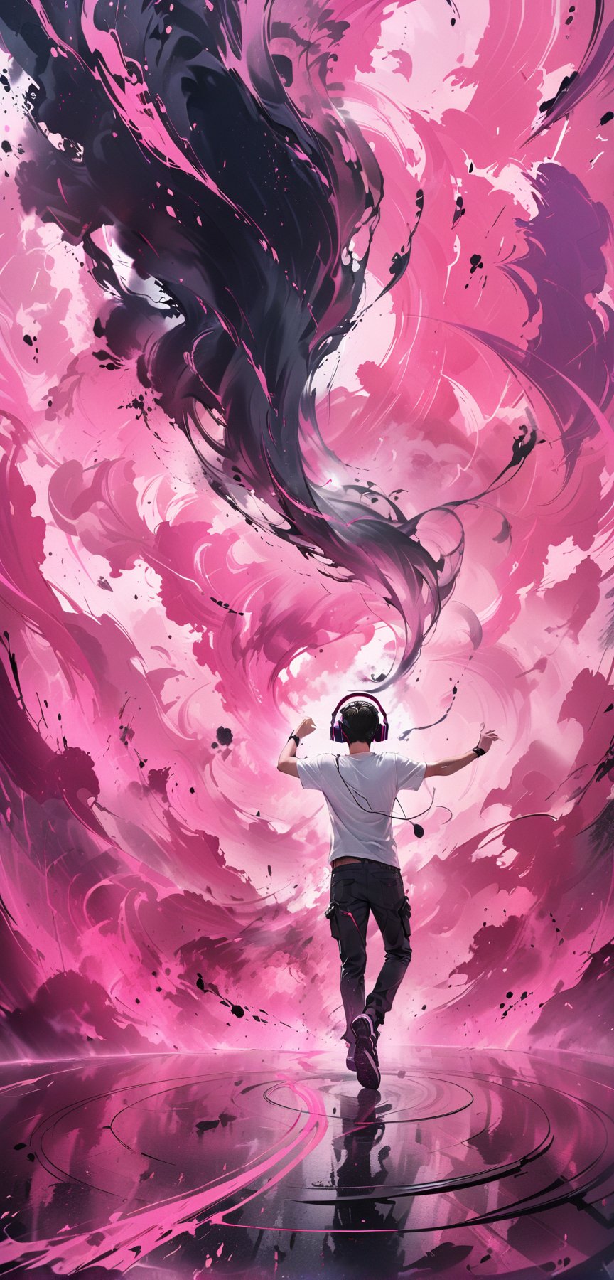 (masterpiece, best quality:1.4), Man in white T-shirt and headphones, dancing, Image with black and pink background, Futuristic graphic effects, Immersive 4K cinematic images,smoke,ink smoke,ink smoke background, score_9,score_8_up,score_7_up,score_6_up,art_booster