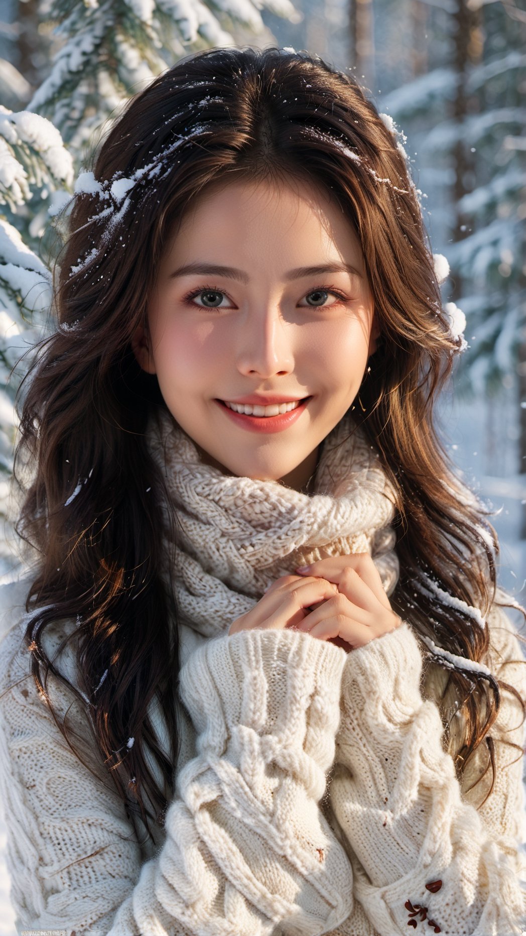 (best quality, 4k, 8k, highres, masterpiece:1.2),ultra-detailed,(realistic,photorealistic,photo-realistic:1.37),illustration,portrait,colorful,bright lighting, winter theme,snowy landscape, a beautiful girl with long black hair, warm winter clothing, snowflakes falling gently on her face, rosy cheeks, 
sparkling eyes, a feeling of tranquility and serenity, capturing the essence of winter season. a charming smile, holding a cup of hot cocoa, steaming hot, a cozy knitted scarf around her neck, a snowy forest in the background, with tall pine trees covered in snow, the sunlight casting a soft golden glow, a touch of frost on the branches, the girl's breath visible in the cold air, 
a feeling of tranquility and serenity, capturing the essence of winter season,detailmaster2