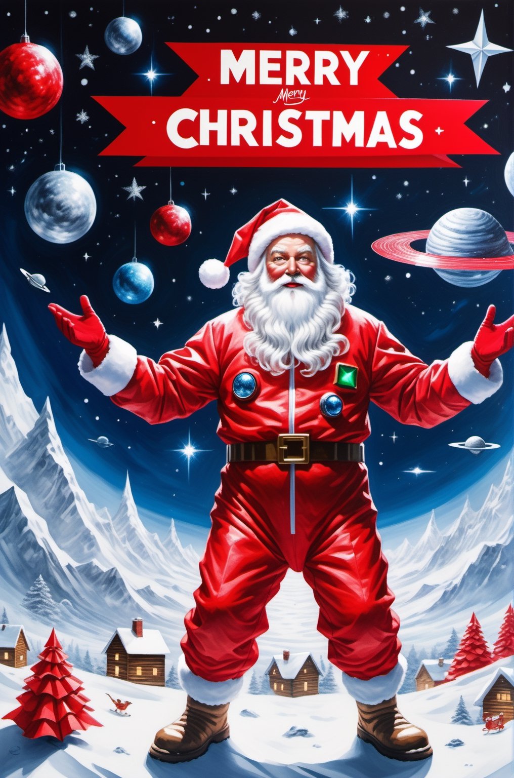 ("Merry Christmas" text logo: 1.3), Origami, dripping paint, ((Santa wearing red space-suits)) venturing into outer space to deliver presents to Aliens, full body portrait, wide scale lens, Text, aw0k magnstyle, ((Masterpiece))), Best Quality, light red painting, starry skies, (White background: 1.1), detailmaster2,Movie Still