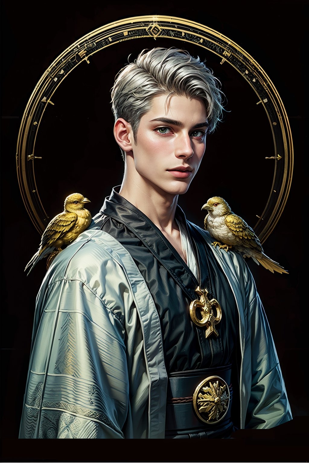 realistic, (masterpiece, top quality, best quality, official art, beautiful and aesthetic:1.2), extremely detailed,fractal art,colorful,highest detailed,zentangle,(abstract background:1.3) (1boy:1.3), (golden birds), silver hair, bright eyes,hair slicked back, short hair, black robe,