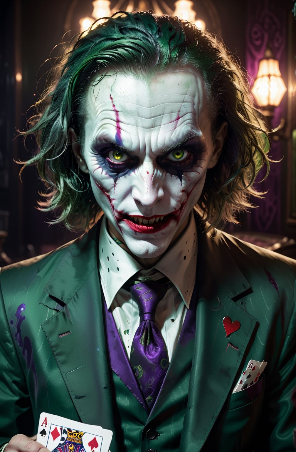 upper body image of joker,HP.lovecraft style,black and white,menacing atmosphere,bizarre expressions,emerald eyes,fangs,bloody red lips,disheveled green hair,distorted face details,long nose,ragged purple suit,tattered playing cards in the background,dark and eerie lighting,horror portrait,vivid contrast,HDR,high-res details,fear-inducing presence,otherworldly elements