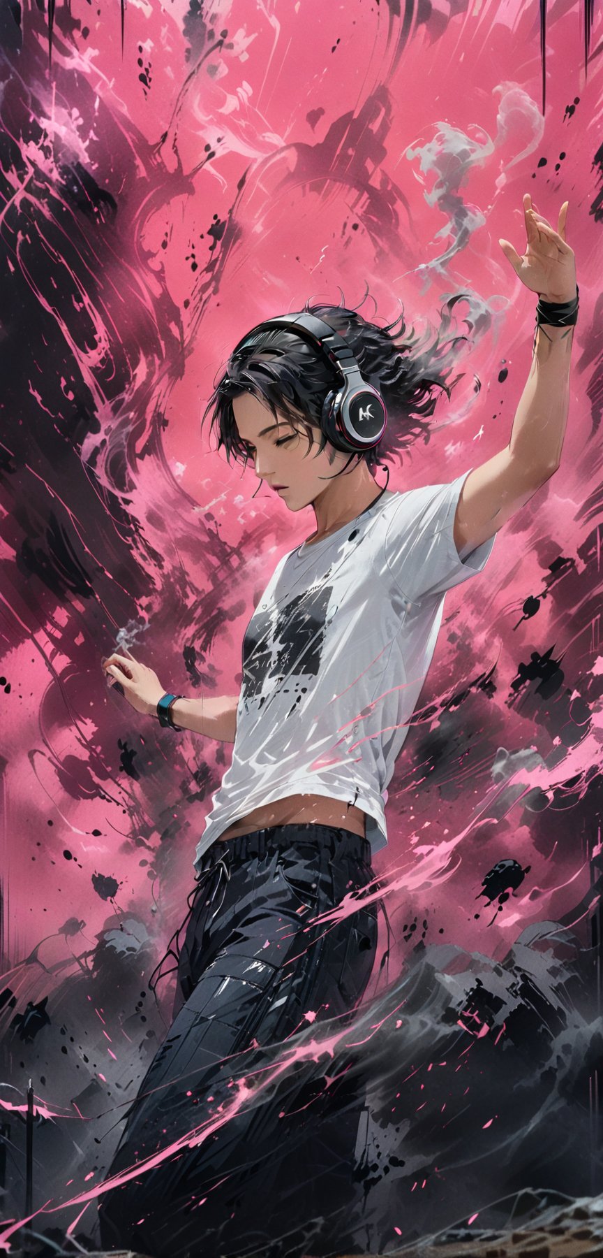 (masterpiece, best quality:1.4), Man in white T-shirt and headphones, dancing, Image with black and pink background, Futuristic graphic effects, Immersive 4K cinematic images,smoke,ink smoke,ink smoke background, score_9,score_8_up,score_7_up,score_6_up,art_booster