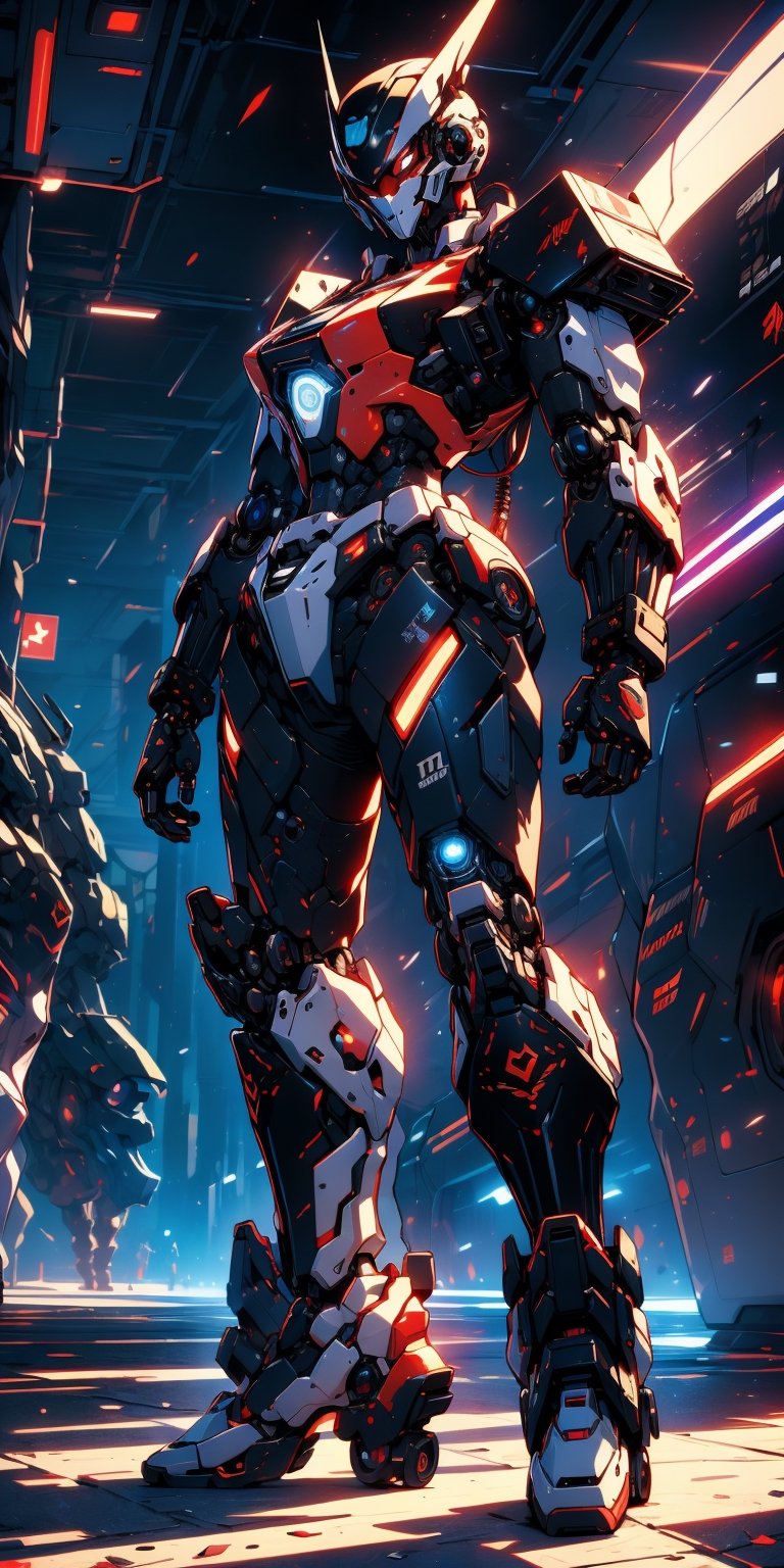 ((Best quality)), ((masterpiece)), (detailed: 1.4), Dark_fantasy, Cyberpunk, (Mecha, Black and red:1.1), 1girl, Mechanical Wonder, Robotic presence,cybernetic guardians, Masterpiece, full body shot, highly detailed, At night, head_gear, visible mouth, shadowy, 8K, Mecha mask, Laser tool,1 girl