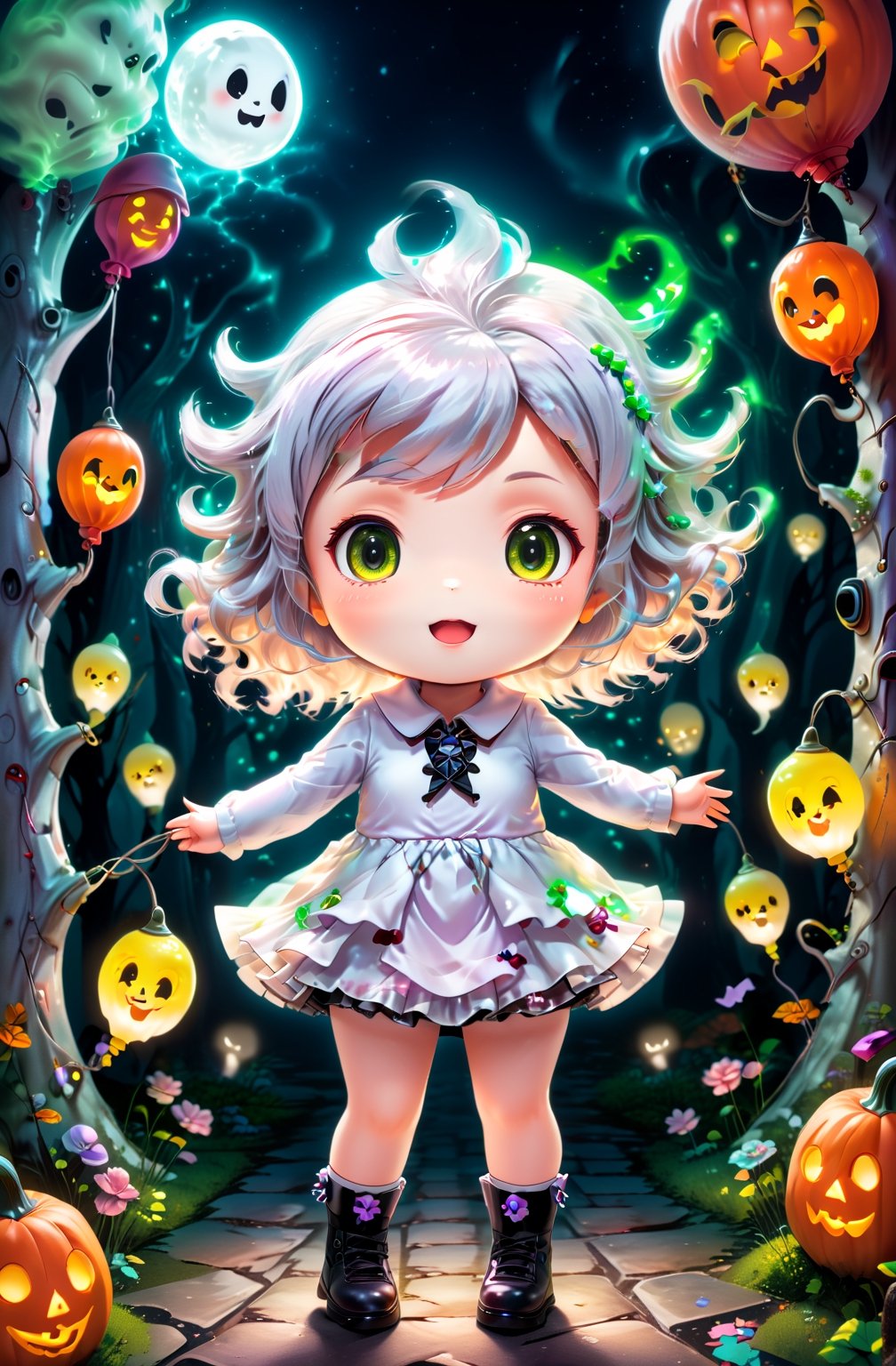 masterpiece, best quality, haunted theme park, haunted by chibi ghosts, cute, whimsical, glow, glowing, fun, silly, mystical,detailmaster2,chibi