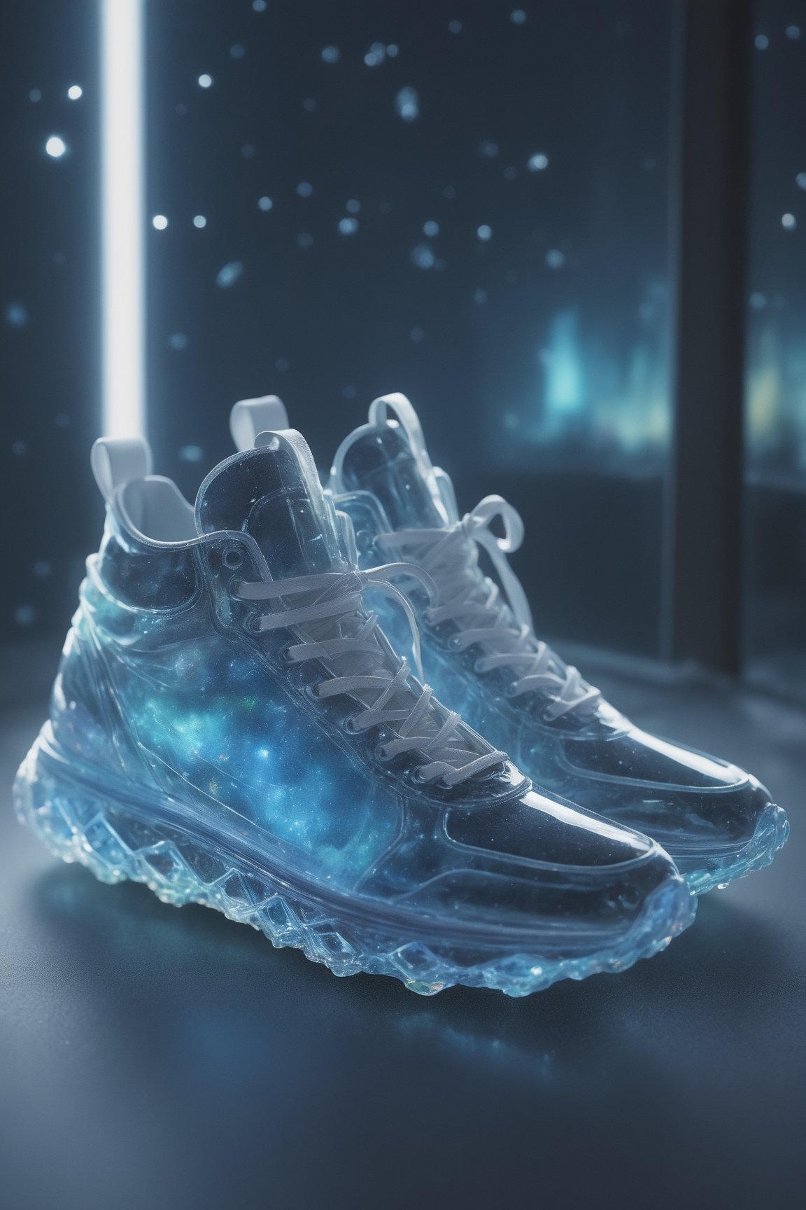 extremely delicate iridiscent sneakers made of glass, Product photography of transparent sneaker shoes, Epic rendering, octanerender, atmospurate, Particle, Soft volumetric light, (The light from the back window is backlighted:1.3), (cinematic light:1.3), Complicated details, (ArtStation:1.3), Blue drifting particles, glass technology, scifi, transparent, light diffraction, beautifully and intricately detailed, ethereal glow, best quality, glass art, magical glow,DonMPl4sm4T3chXL 