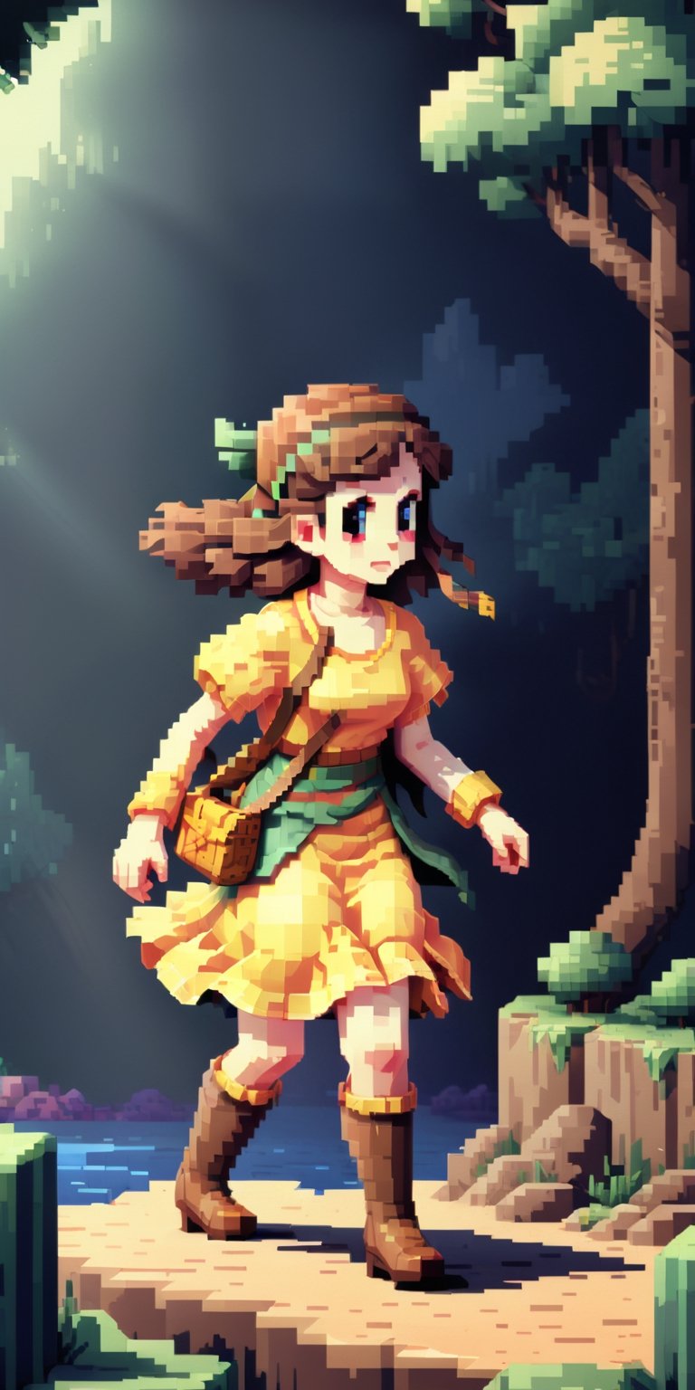Pixel-Art Adventure featuring a Girl: Pixelated girl character, vibrant 8-bit environment, reminiscent of classic games,pixel style,realistic