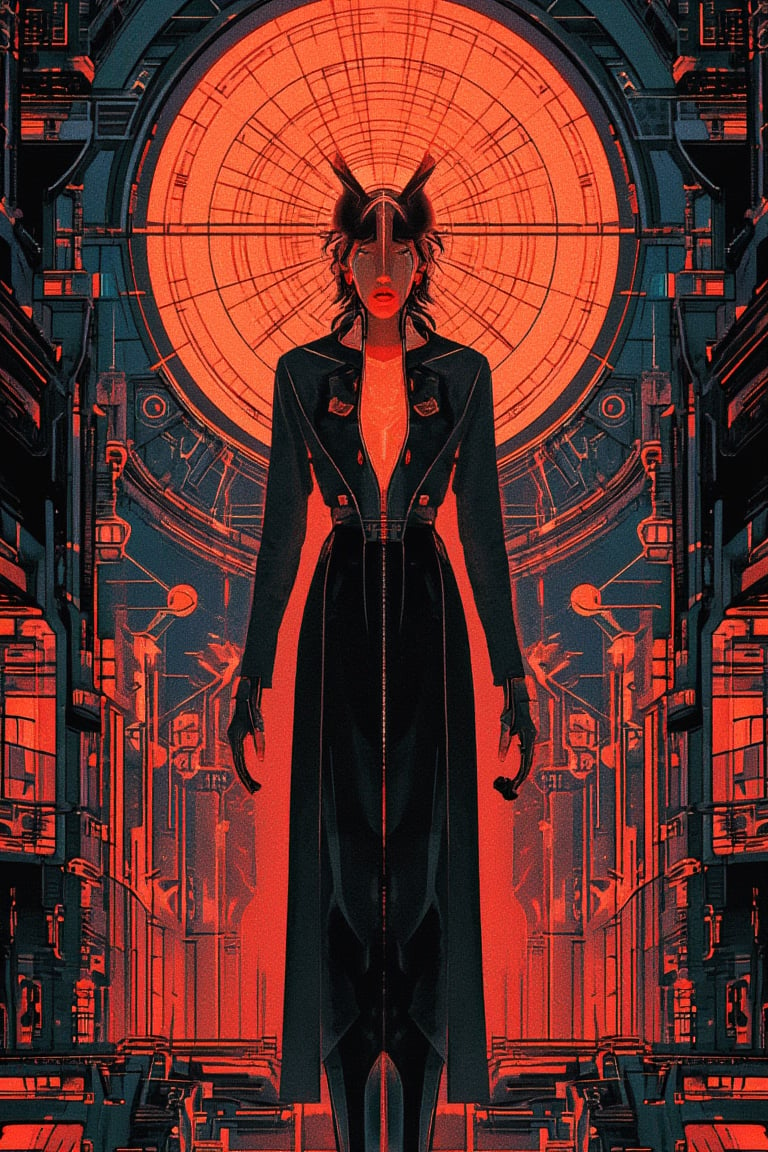 Masterpiece illustration of a single woman (1) set against a striking Art Deco-inspired background (1.4). The subject stands at the center of the frame, with her figure bisected by a symmetry line, radiating retro-futuristic elegance. Her attire blends clean lines and minimalism, punctuated by metallic accents in shades of cyberpunk hues. Flat colors and precise lighting evoke a sense of otherworldly detachment, as if she's stepping out of a futuristic cityscape (CCDDA art style). Identity V2: A futuristic femme fatale, ready to navigate the neon-lit streets.