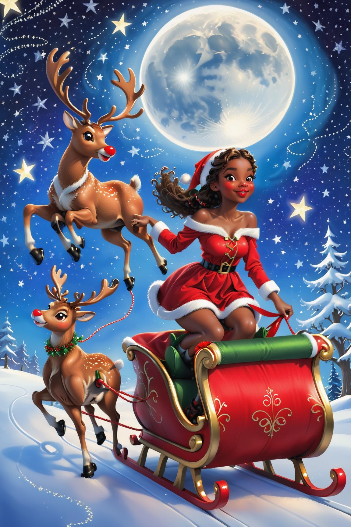 best quality, realistic, photorealistic, award-winning illustration, (intricate details: 1.2), (delicate detail), (intricate details), wonderful christmas night, polar lights, ((Dark skinned pretty girl wearing Santa's outfit is riding on sleigh pulled by the Red Nosed Reindeer)), flying to the sky, a round moon, starry sky, shooting star, Christmas night,danknis,anitoon style