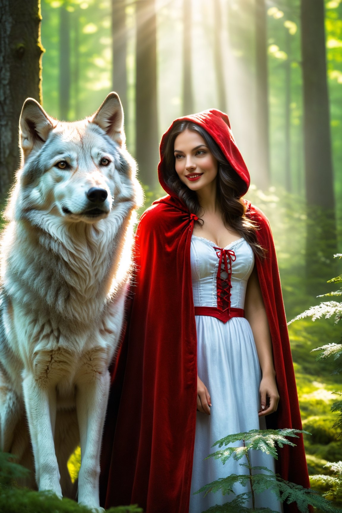 Little Red Riding Hood in her iconic red cloak embracing a gray wolf, standing in a vibrant green forest clearing, soft focus, dappled sunlight filtering through dense trees, wolf's fur texture highlighted, warm interaction between characters, fairy tale atmosph, highly realistic, ruddy skin, beautiful, full lips, smiling, feeling of lightness and joy, hyperrealism, skin very elaborated, direct gaze, style of Greg Rutkowski