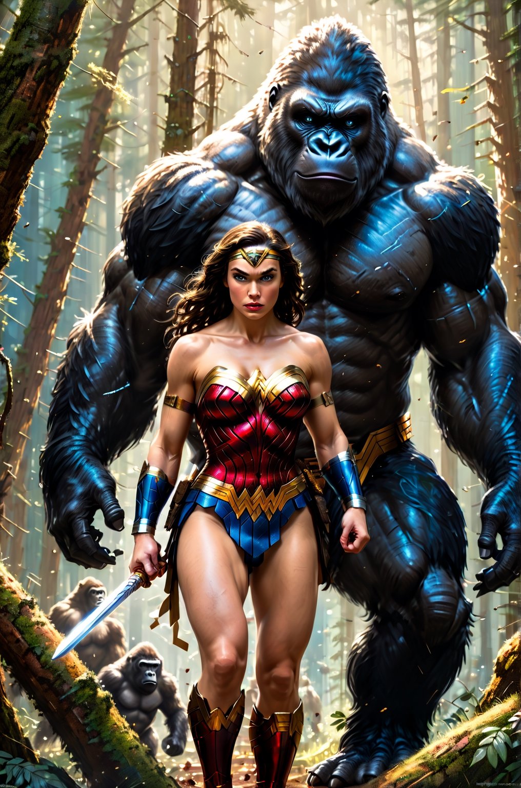 masterpiece, best quality, [detailed], [intricate], digital painting, a toned athlete muscular Wonder Woman with blue eyes in costume, picture with a big and scary gorilla, woman is serious, afraid, forest,RAW photography, best quality, masterpiece, extremely delicate and beautiful, extremely detailed, CG, unit, 8k wallpaper, amazing detailed, finely detailed, masterpiece, best quality, official art, extremely detailed CG unit 8k wallpaper, ultra-detailed, high resolution,  extremely detailed, sharp, focused, (best quality), (realistic, photorealistic: 1.6), 8k, soft lighting, high quality, cinematic lighting, 1 girl, centered, full body (african model),sparkling eyes, taming a gorilla, [WH40K], [highres], [absurdres], [sharp focus], bokeh, realistic shadows, lithograph by John William Waterhouse and Kyoto animation and Yoshitaka Amano and Frank Frazetta,painting by jakub rozalski