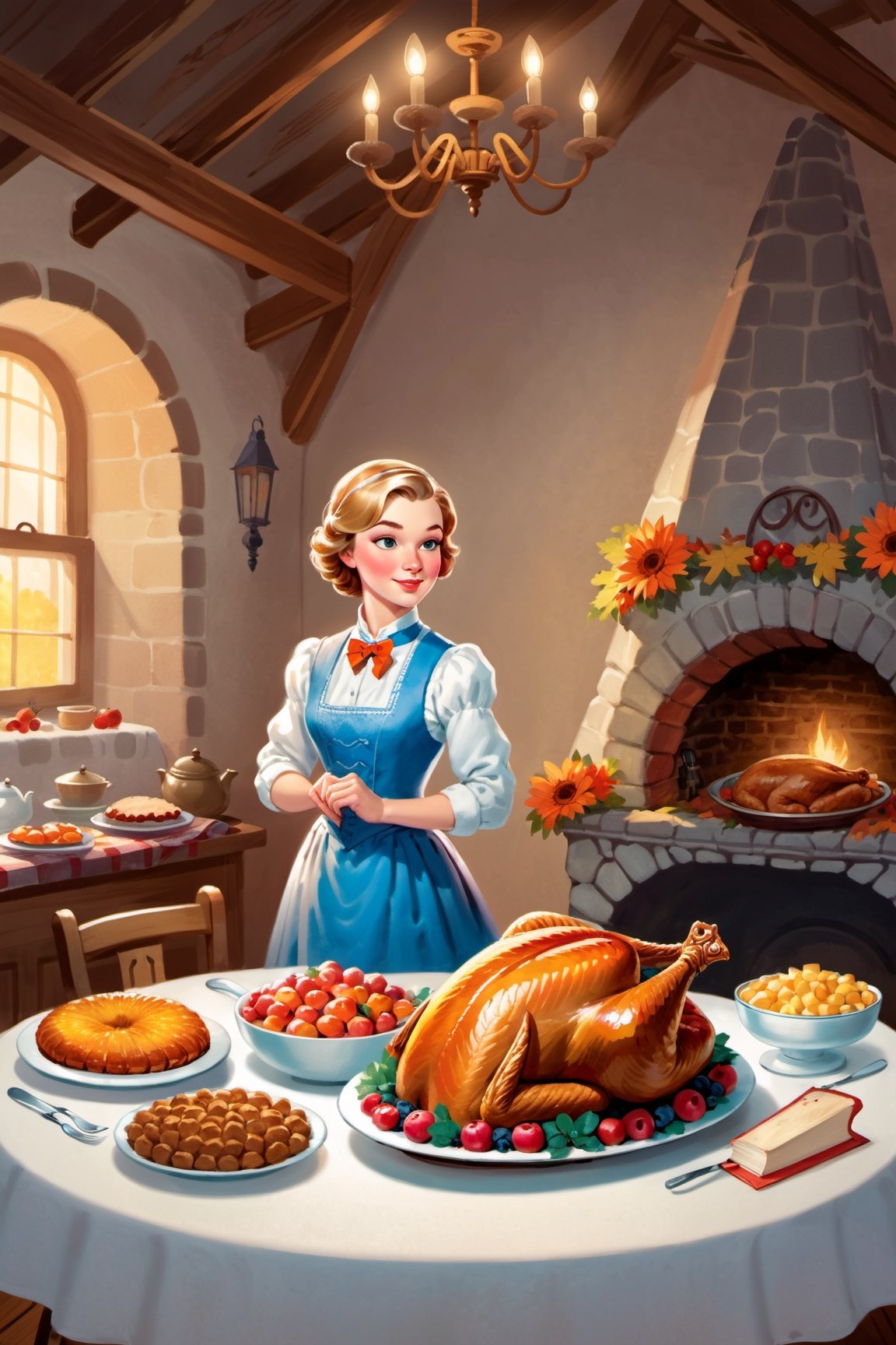 (masterpiece)), (((best quality))), ((ultra-detailed)), a woman standing in front of a table with a cooked turkey on it, a storybook illustration by Mary Davis, 
Lady Davis, pixabay contest winner, synthetism, storybook illustration, flat shading, flickering light,Story book 