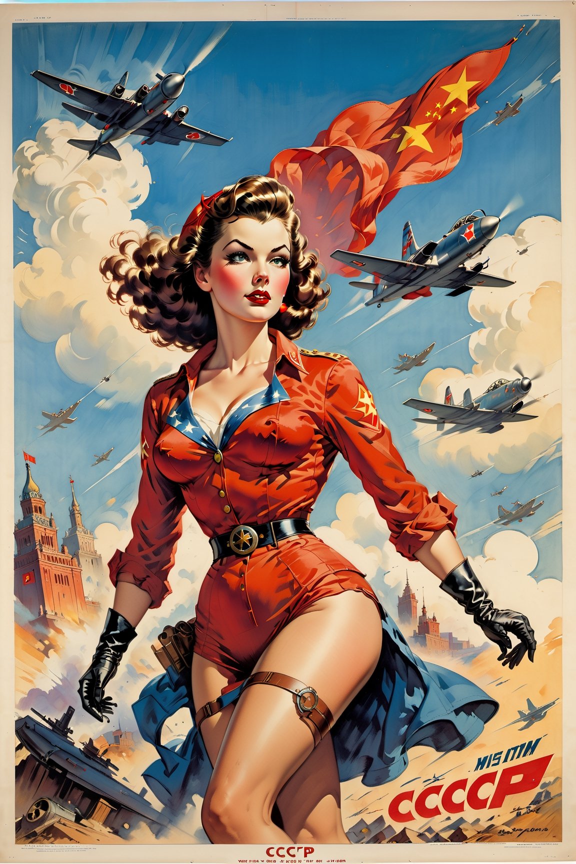 American World War II poster, Gil Elvgren style ((CCCP poster, Soviet poster)) (a medium-sized dark-haired woman with superhero outfit) Poster propaganda, poster, blue sky with fighter jet, hero uniform, 1girl, solo, good body, poster design, poster art style. 1980s, 1950s, 1960s, 1940s, basic color scheme, very colorful poster, colorful art, third rule, inspiring, woman, 1 mature girl, hair blowing in the wind, looking at the viewer, revolutionary, red and blue square background, thick legs, green eyes,Comic Book-Style 2d,2d