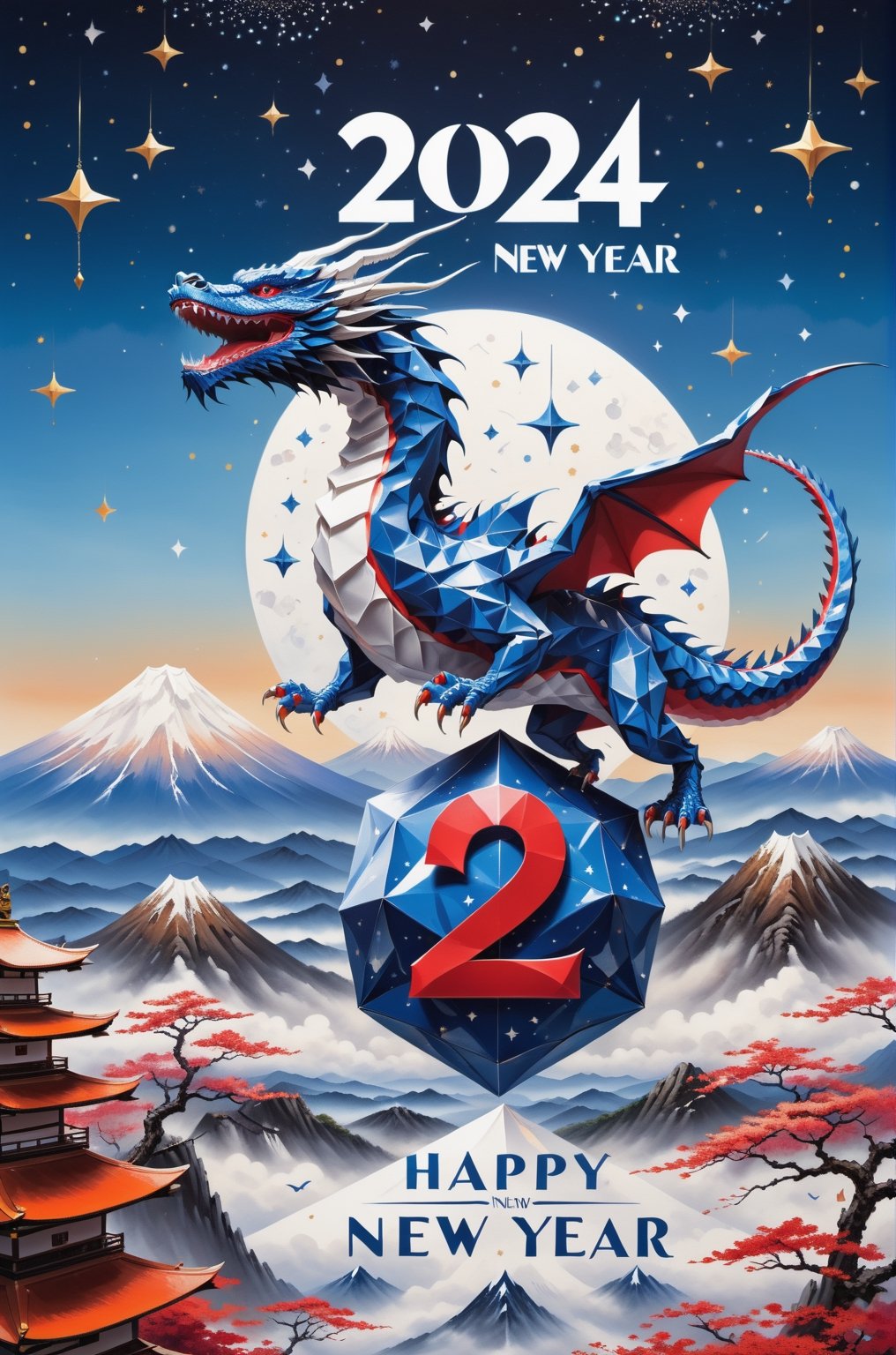 ("Happy New Year 2024" text logo: 1.3), Origami, dripping paint, ((Blue Oriental Dragon floating)) flying over great Mountain Fuji , full body portrait, wide scale lens, Text, aw0k magnstyle, ((Masterpiece))), Best Quality, light red painting, starry skies, (White background: 1.1), detailmaster2,Movie Still