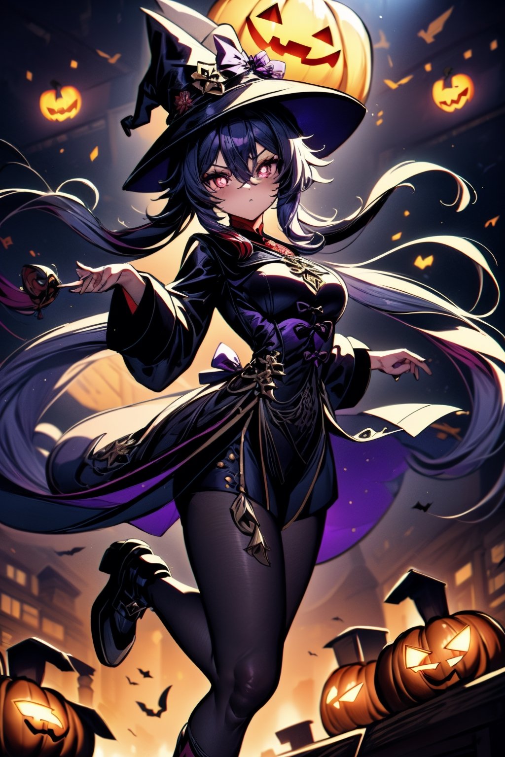 (​masterpiece, 4k, Hight Resolution, masterpiece:1.2, illustration style, official artwork, mature), hutao_genshin, 1girl, solo, red eyes, symbol-shaped pupils, silver hair, long hair, very long hair, sidelocks, hair between eyes, twintails, medium breasts, shoes, black footwear, Purple big witch hat with ornaments and embroidery, Black witch costume, holding pumpkin with both hands, poltergeist, ghost, flying around, school, classroom background, leonardo,hutao_genshin,Halloween style,EpicGhost