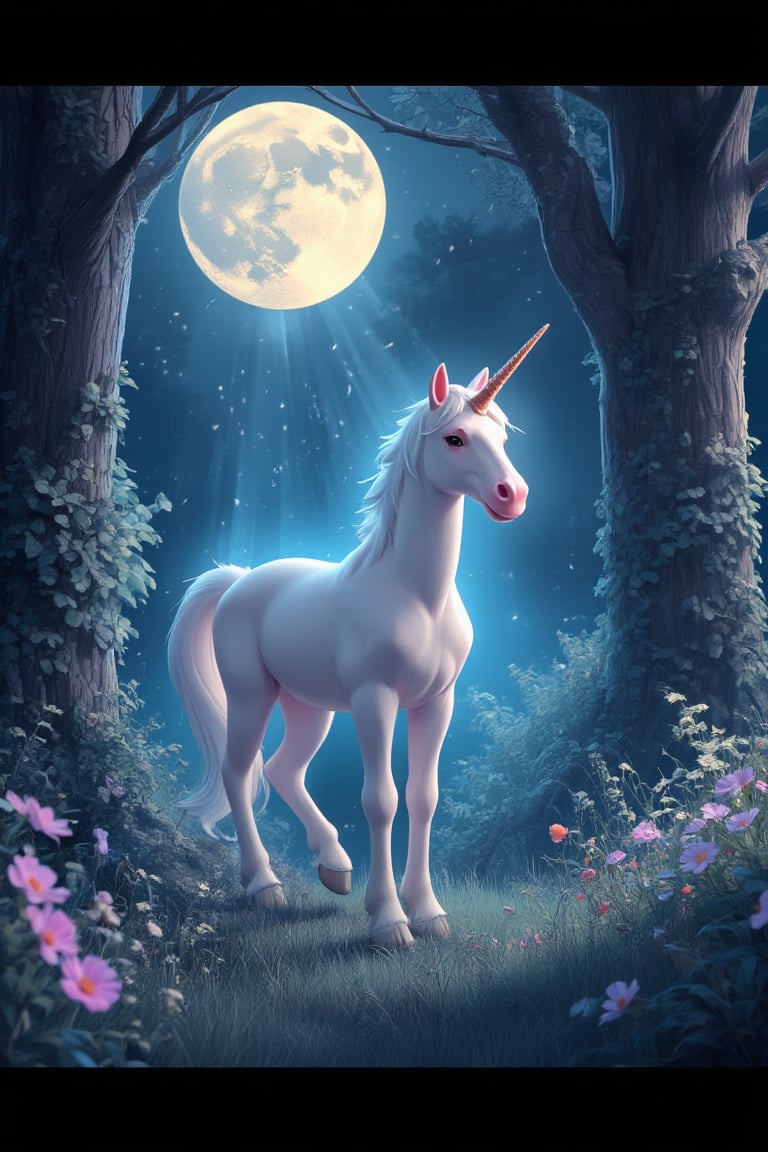 Masterpiece, professional, award-winning, intricate details, ultra high detailed, 64k, dramatic light, volumetric light, Enchanting, moonlit glade with a gentle unicorn and shimmering will-o'-the-wisps, realistic, magical, mystical creatures, idyllic, serene, ethereal, (mythical presence:1.4), wildflowers, moonbeams, ancient trees, soft glow, harmonious realm, tranquil beauty, 8k,ek_art_b00ster,anime,illustrated,
