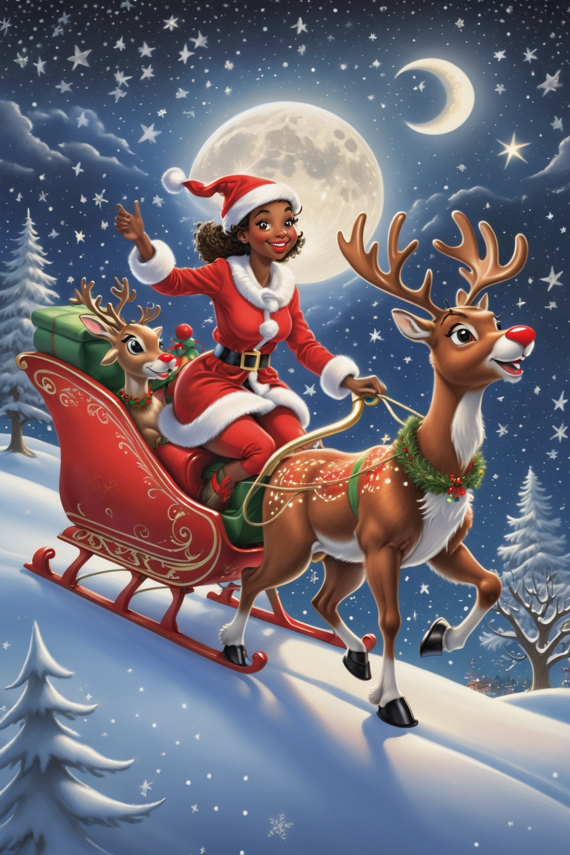 best quality, realistic, photorealistic, award-winning illustration, (intricate details: 1.2), (delicate detail), (intricate details), wonderful christmas night, polar lights, ((Dark skinned pretty girl wearing Santa's outfit is riding on sleigh pulled by the Red Nosed Reindeer)), flying to the sky, a round moon, starry sky, shooting star, Christmas night,danknis,anitoon style