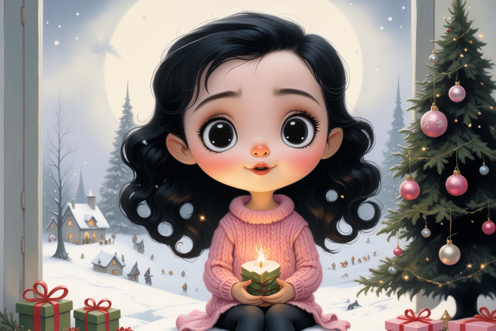 Realism, a painting, fairy tale fantasy style, Christmas Style, John Tolkien Style, Small painting by Jean-Baptiste Monge, soft facial features, cute little girl, sitting on a chair with loose black hair near the Christmas tree, soft facial features, wearing slacks, wearing a sweater, With light makeup, dark pink lips, "pearly" Lip shape, "curved eyebrows in the shape of Engriberts, light gray eyes, eyes with heavy eyelids, perfect hand, very clear, flawless, five fingers, long black wavy hair, in a knitted sweater, in black pants, Mischievous character, Christmas tree, Gifts, Jean-Baptiste Monge, anthropomorphic,