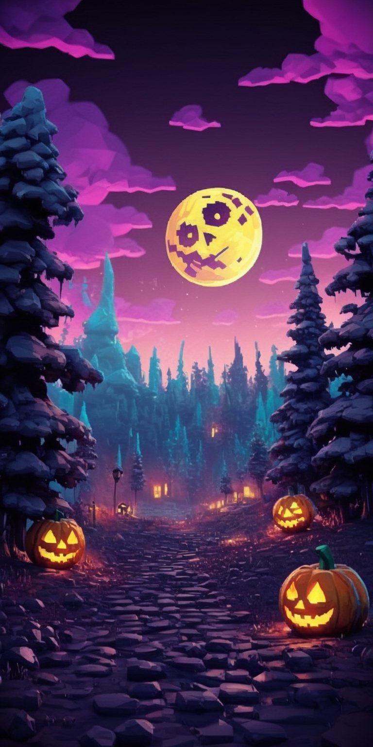 Pixel art spooky night scenes, 3D pixel art 4K wallpapers, Amazing pixel art details, Pixel art, Detailed Unreal Engine pixel art, Half-red moon sky, Spooky Night, Holloween theme,