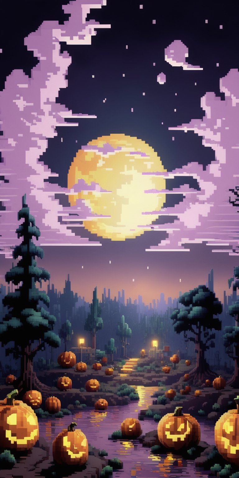 Pixel art spooky night scenes, 3D pixel art 4K wallpapers, Amazing pixel art details, Pixel art, Detailed Unreal Engine pixel art, Half-red moon sky, Spooky Night, Holloween theme,pixel style