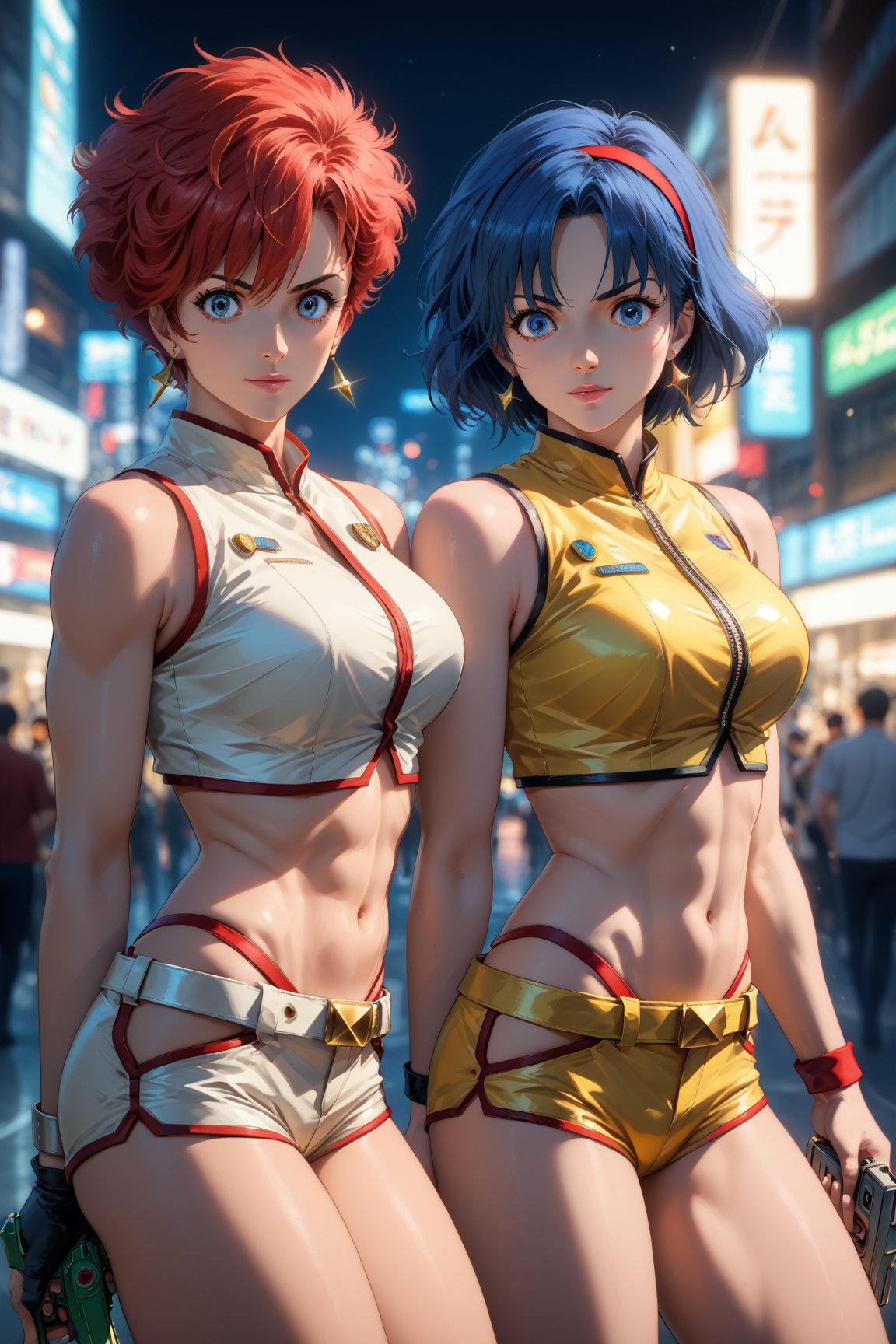 Best quality, Masterpiece, Ultra High Resolution, (Realistic:1.3), Comic city hunter style, 2girls, kei, dark skin, short hair, red hair, red eyes, hairband, earrings, jewelry, grey top crop, clothing cutout, single glove, wristband, armband, grey shorts, belt, Thigh Boots, grey footwear, dpyuri, pale skin, long hair, blue hair, blue eyes, yellow top crop, clothing cutout, yellow shorts, Boots, yellow footwear, (((holding pistols back to back:1.5))), rich and colorful, Japanese manga artist Tsukasa Hojo'style, depth of field, Overclocked Renderer, movie lights, ultra_fine, very detailed, complicated, cinematic perspective, cg art, realistic skin details, complex background, high quality, realistic lighting, professional photos, natural skin texture, very detailed and sharp focus, crazy details, intricate details, very detailed and bright cinema lighting, very delicate muscles, whole body, score_9,score_8_up,score_7_up,score_6_up,Hojo Tsukasa manga style