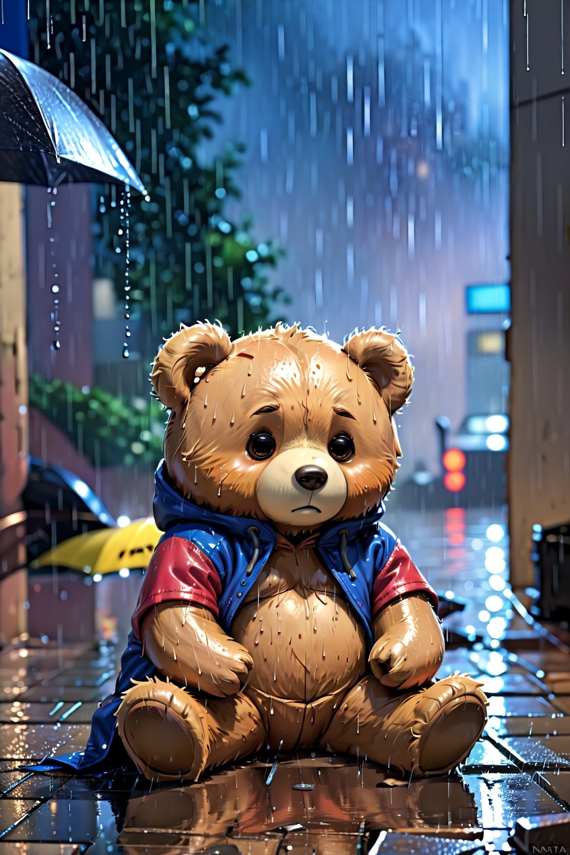 8K,Best quality, masterpiece, ultra-high res, (photorealistic:1.4), Masterpiece, Concept Art, photography, medium shot, Teddy bear, Sitting, Tattered clothes, tiny_teddy bear, focus shot, films, Crying, pod (Heavy rain:1.4), (natta:1.2), rubble building in the background, tearful, melancholy, (Epic composition, Epic Proportions), Volumetric lighting, reflection, high image quality