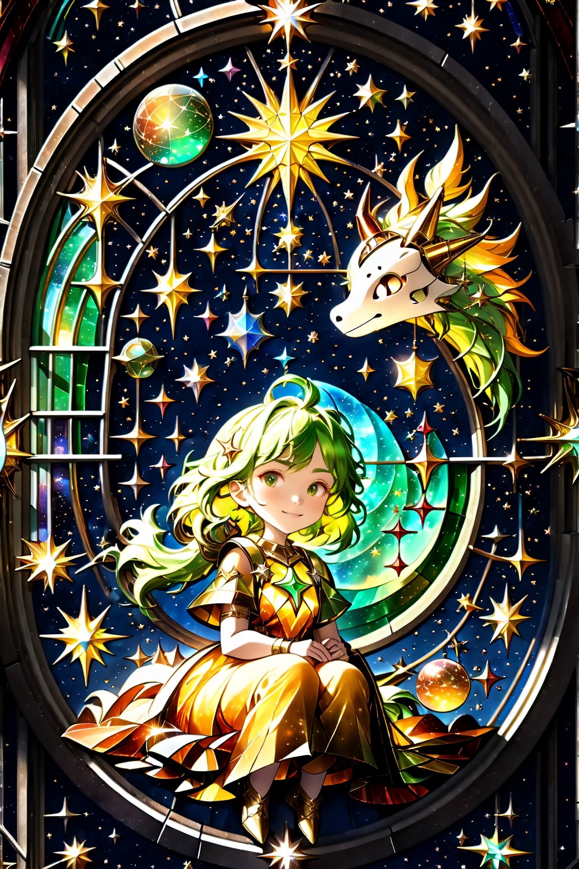 Highly qualified 8K style Studio Ghibli, HD, Zodiac stained glass woman (familiar face) magic space, sitting, starry sky, meteor, rotating light particles and disappearing magic letters, looking into the glowing sphere of light, miracle, warm light (constellation stained glass: 1.5) Light green and light orange tones, smile, epic, celesta, fantasy world, cute world,