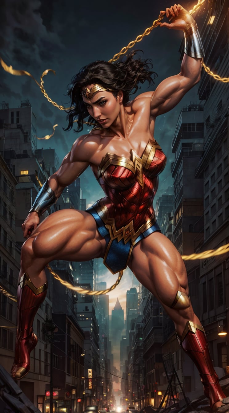 Generate a rough oil painting of Wonder Woman gracefully ((swinging through the gaps between skyscrapers)) (at night), ((flying)), using her ((Lasso of Truth)) as if she were Spider-Man. The golden glow emanating from the Lasso of Truth illuminates the scene like fluorescent lights. Capture her in a dynamic and stylish pose, reminiscent of Frank Miller's Sin City style. (field of depths,boheh backdrop),wonder_woman,artgerm,semi-realistic,Anime,highres