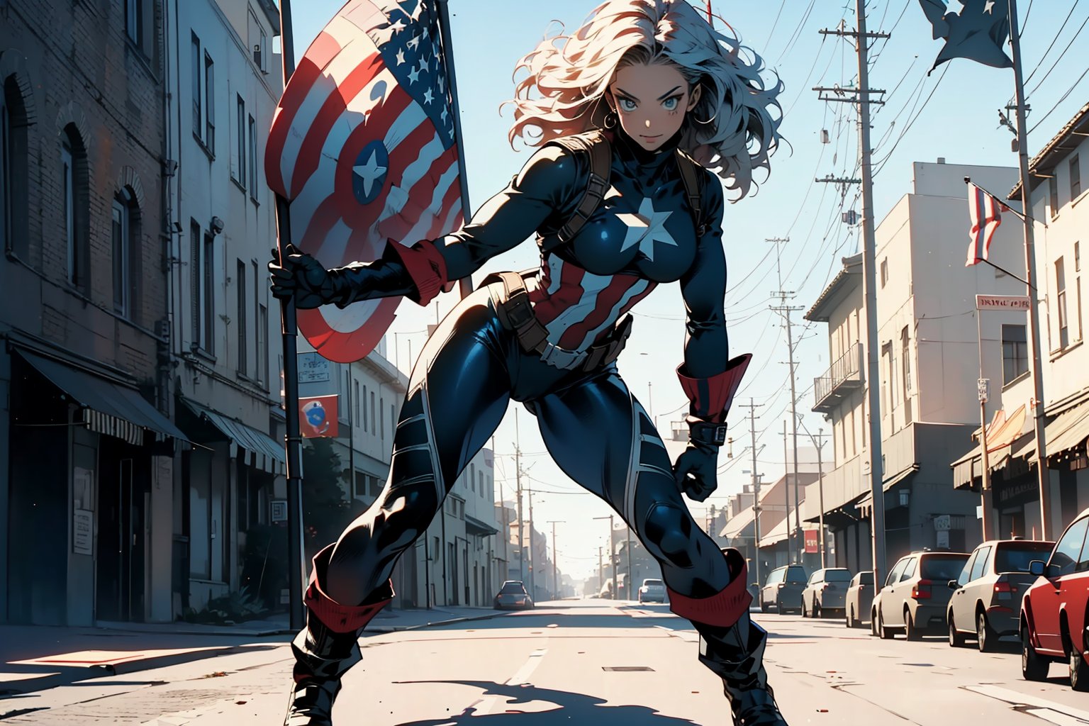 ((Best quality)), ((masterpiece)), (detailed: 1.4), Absurd, Captain America, (((flag))), Mature woman, muscular, beautiful, (((full body)))), giant robot pilot, wild with perfect body, bare thighs, dark blue clothing with white stars, red with white stripes, thong, with the colors of the United States flag, sensual pose, pose with attitude, big breasts, technological scenery, manga style with (((Simon Bisley))) artsyle