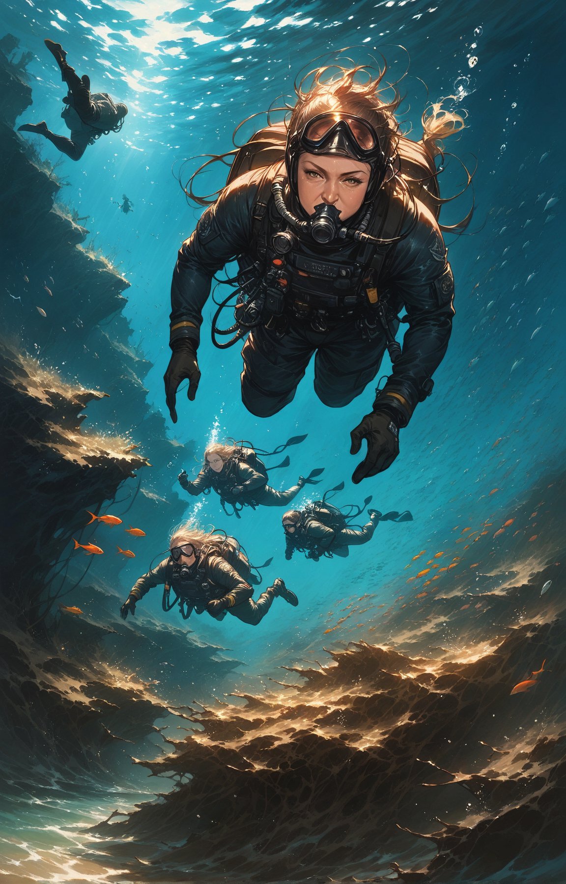 score_9, score_8_up, score_7_up, (Fidelity:1.2), (best quality, 4k, 8k, highres, masterpiece:1.2), ultra-detailed, (realistic), diving, 3divers, deep underwater, us navy, secret mission, group of military divers, military scuba diving suits, concept art, Best quality, Ultra High Resolution,l4rg33y3s