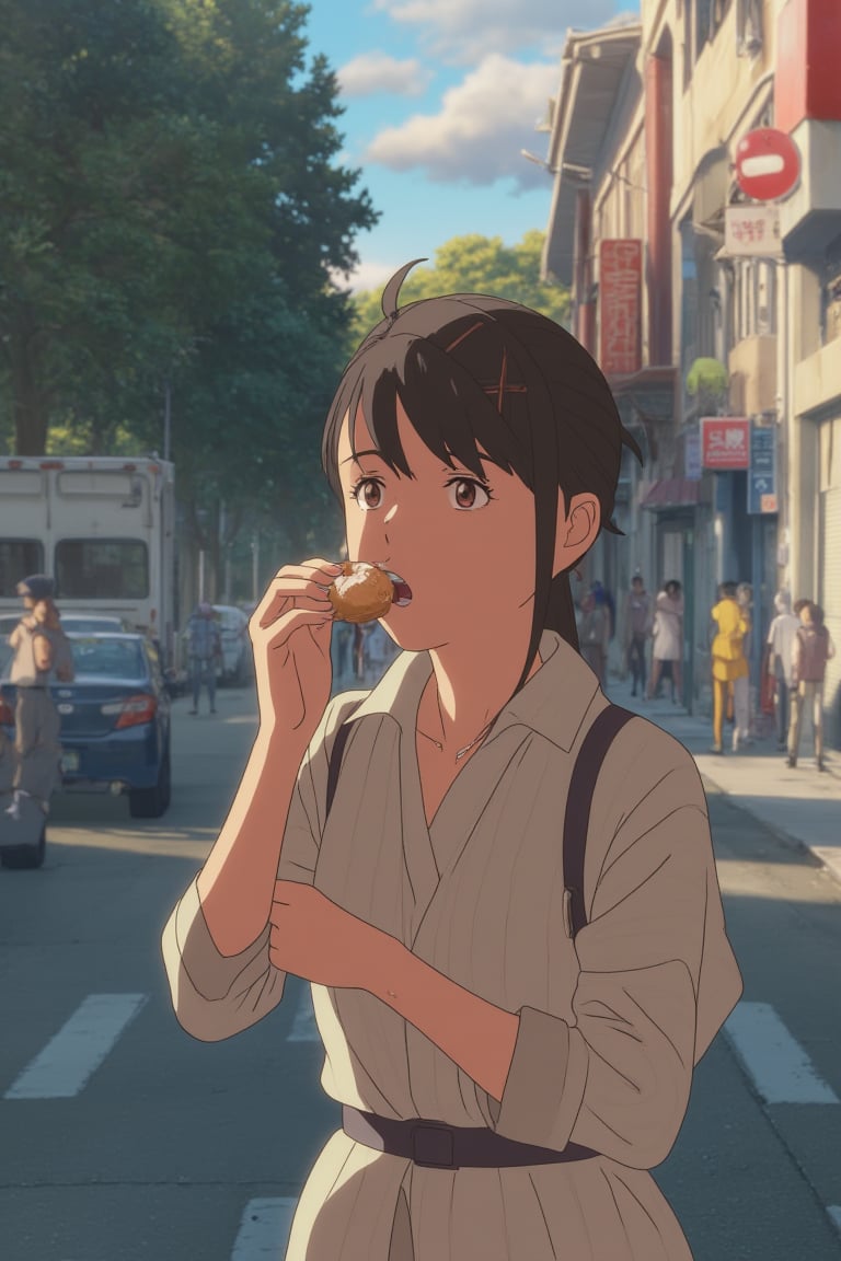 Masterpiece, professional, award-winning, intricate details, ultra high detailed, 64k, dramatic light, volumetric light, dynamic lighting, chibi style, 3d animation, a cute girl crossing the street cautiously while biting a doughnut in a paper wrap, elaborate details, graphic CG digital art, ultra detailed, absolutely resolution, best quality vivid, vibrant, unreal engine, concept art,