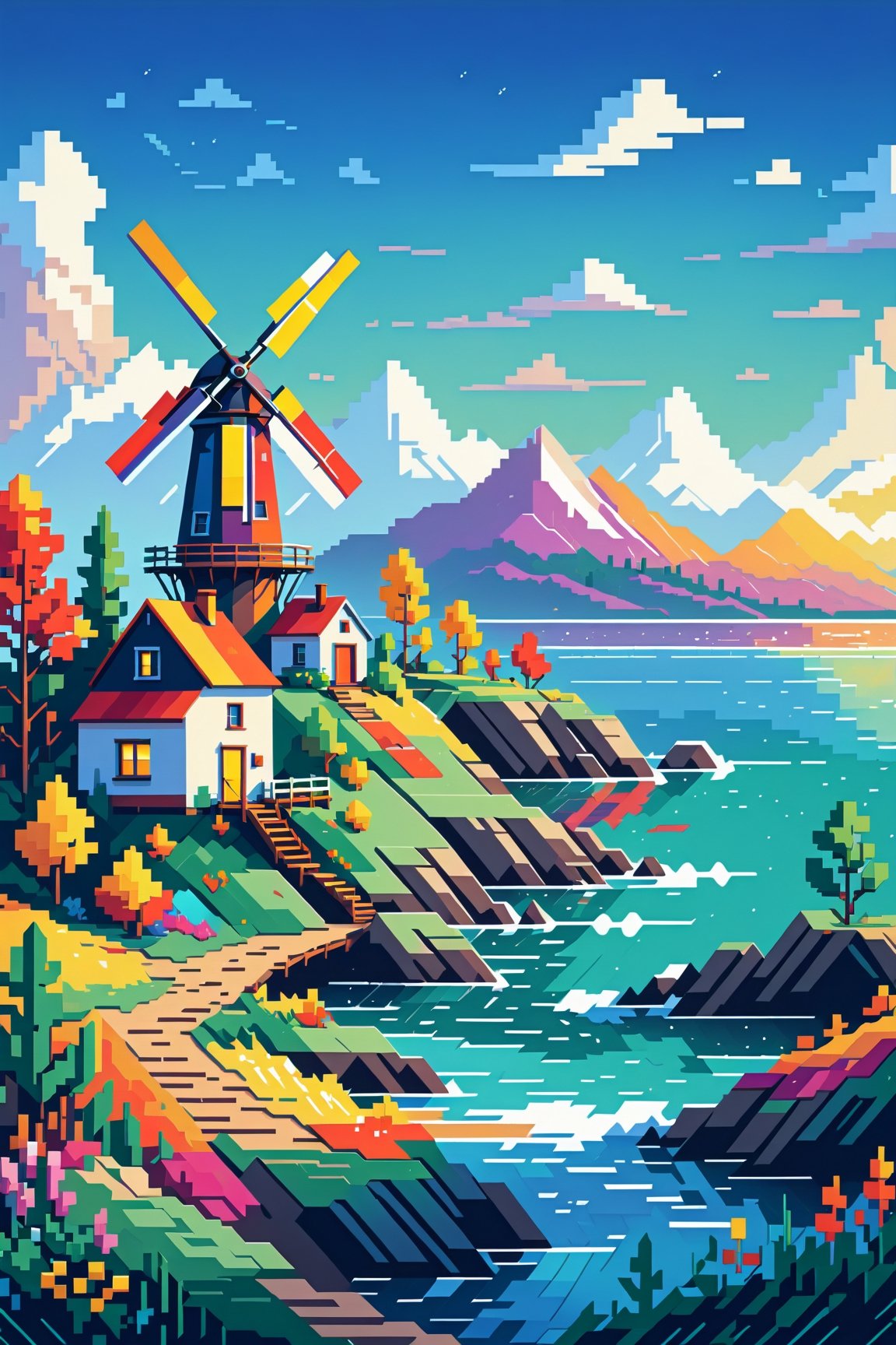 (Beautiful abstract composition:0.6), (Colorful illustration), ((minimalist pixel art illustration of deep scenery with flat coloring)), (outdoor scenery, windmill),pixel art style