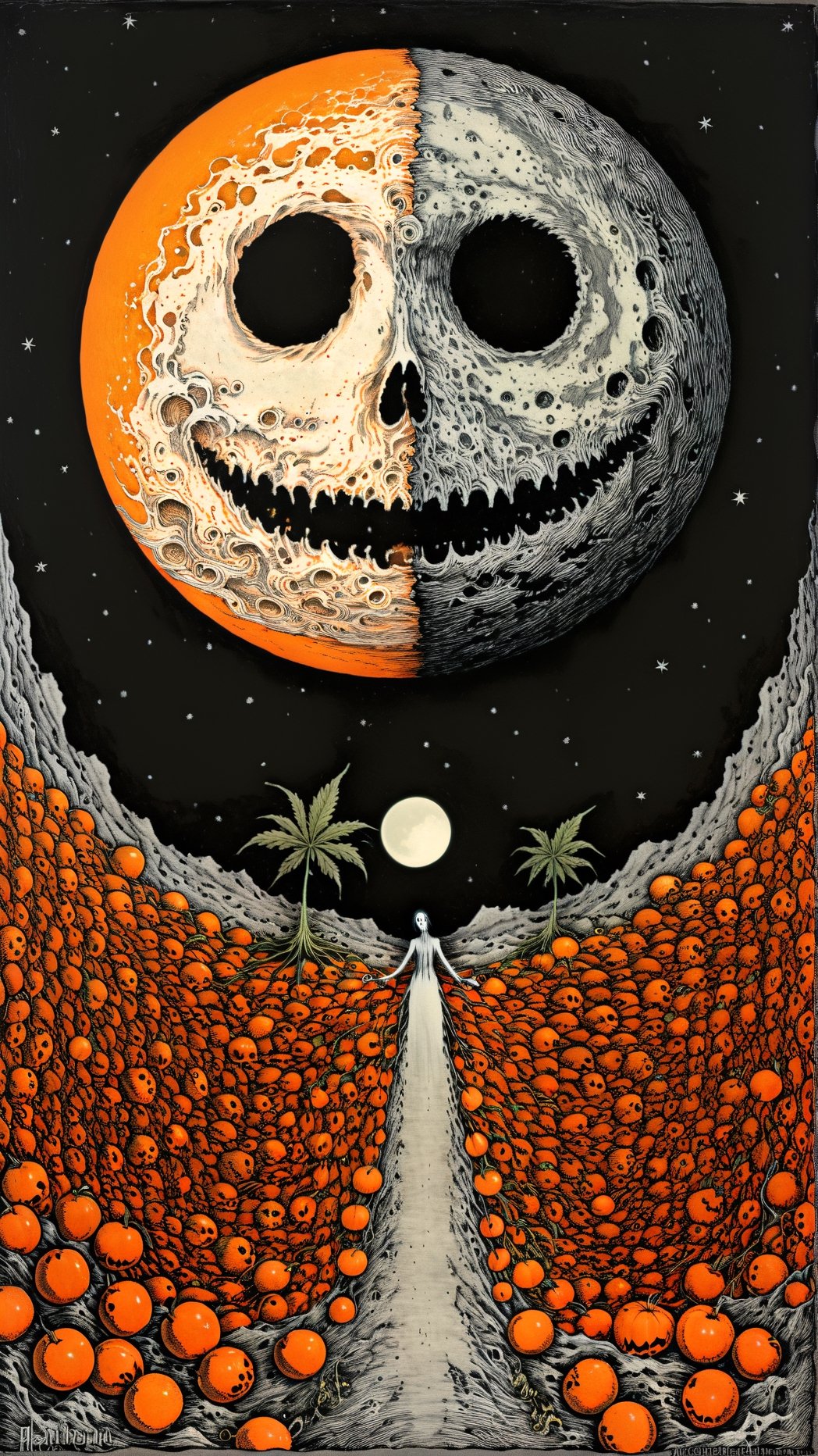 orange garden, marijuana, 8k, big detailed moon, halloween, album cover,detailmaster2,HellAI,Edward Gorey Style page