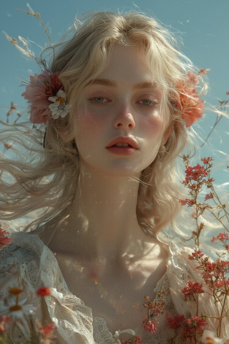 Masterpiece, professional, award-winning, intricate details, ultra high detailed, 64k, dramatic light, volumetric light, Young woman with flowing hair, adorned with floral hair accessory, surrounded by daisies and red flowers. Dreamy and ethereal atmosphere with soft pastel tones. Tranquil and peaceful mood captured in the digital artwork. vivid, vibrant, unreal engine,Midjourney_Whisper,oilpaint1,