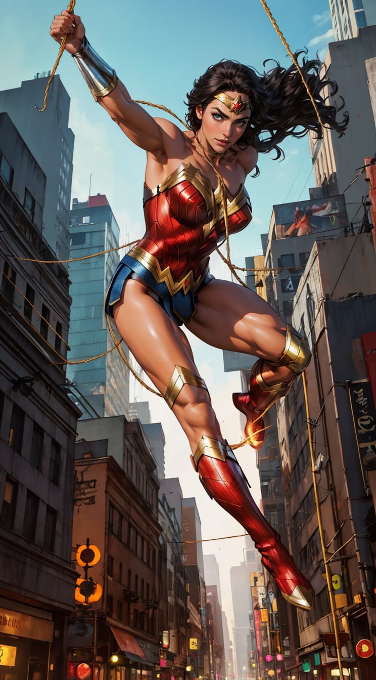 Generate a rough oil painting of Wonder Woman gracefully ((swinging through the gaps between skyscrapers)) (at night), ((flying)), using her ((Lasso of Truth)) like Spider-Man. The golden glow emanating from the Lasso of Truth illuminates the scene like fluorescent lights. Capture her in a dynamic and stylish pose, reminiscent of Frank Miller's Sin City style. (field of depths,boheh backdrop),wonder_woman,artgerm,semi-realistic,Anime,highres,masterpiece