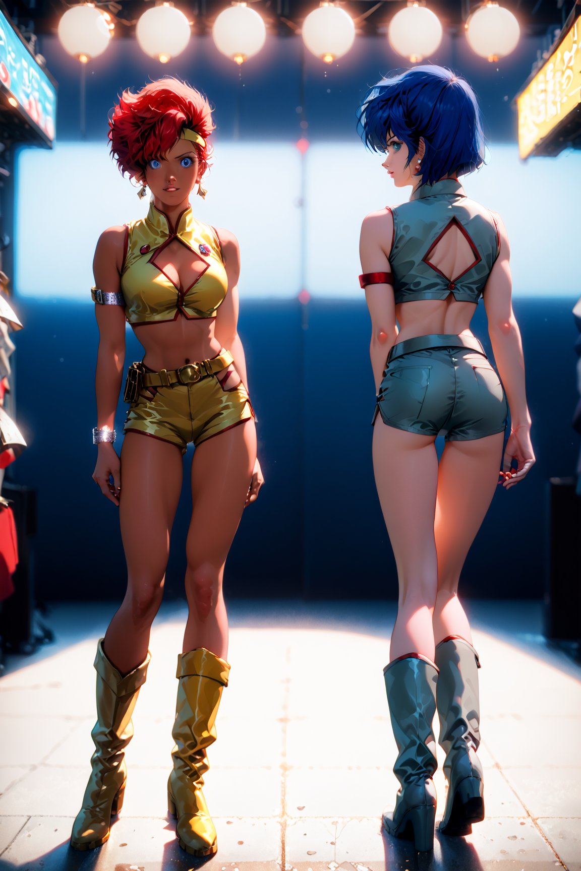 Best quality, Masterpiece, Ultra High Resolution, (Realistic:1.3), Comic city hunter style, 2girls, kei, dark skin, short hair, red hair, red eyes, hairband, earrings, jewelry, grey top crop, clothing cutout, single glove, wristband, armband, grey shorts, belt, Thigh Boots, grey footwear, dpyuri, pale skin, long hair, blue hair, blue eyes, yellow top crop, clothing cutout, yellow shorts, Boots, yellow footwear, (((holding pistols back to back:1.5))), rich and colorful, Japanese manga artist Tsukasa Hojo'style, depth of field, Overclocked Renderer, movie lights, ultra_fine, very detailed, complicated, cinematic perspective, cg art, realistic skin details, complex background, high quality, realistic lighting, professional photos, natural skin texture, very detailed and sharp focus, crazy details, intricate details, very detailed and bright cinema lighting, very delicate muscles, whole body, score_9,score_8_up,score_7_up,score_6_up,Hojo Tsukasa manga style