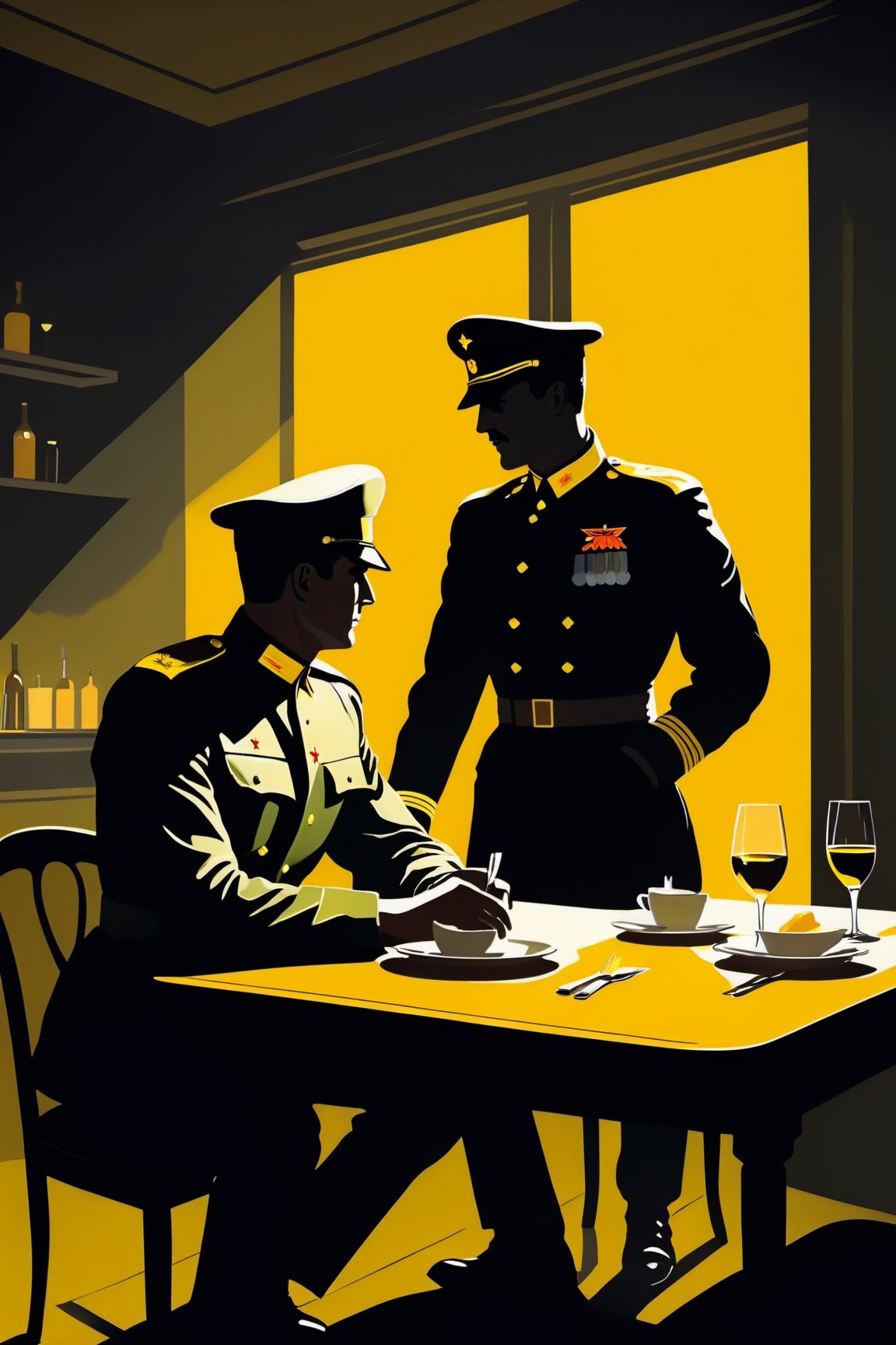 character silhouette, 2 men at a restaurant table, body in shadow, Soviet officer's uniform, dark night, dark yellow background,Flat vector art,pencil sketch