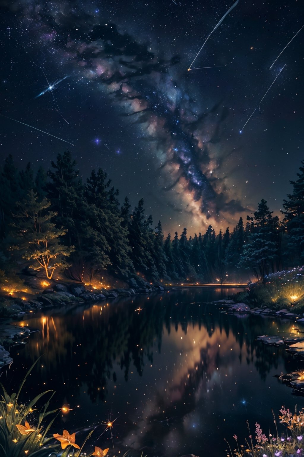 master part, gorgeous, Landscape, (((DDIM_HumaDDIMs))), Night, flower, Garden, Starry sky, constellations, stunning, view, water, hot, cozy, peaceful, Meteor, cosmic, Magic, magic, particuls, Fair, ((Fireflies)),perfecteyes,shuimobysim