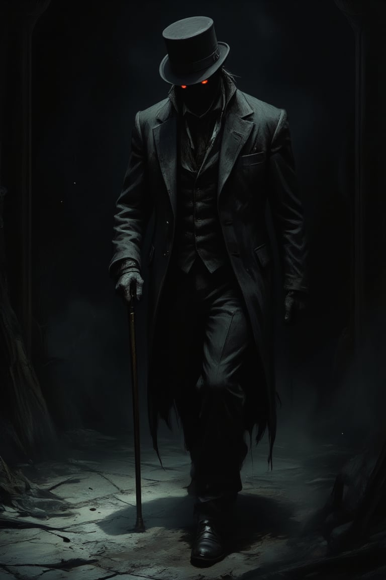 Masterpiece, professional, award-winning, intricate details, ultra high detailed, 64k, dramatic light, volumetric light, In the midst of darkness, a tall, slender figure emerges, dressed in an old, tattered suit. A slightly tilted top hat rests on the head. The face is nearly invisible except for two glowing red eyes that burn in the darkness. The figure holds a cane, tapping it gently on the ground with each step, the sound echoing hauntingly in the silence,ek_art_b00ster,anime,Hand,illustrated