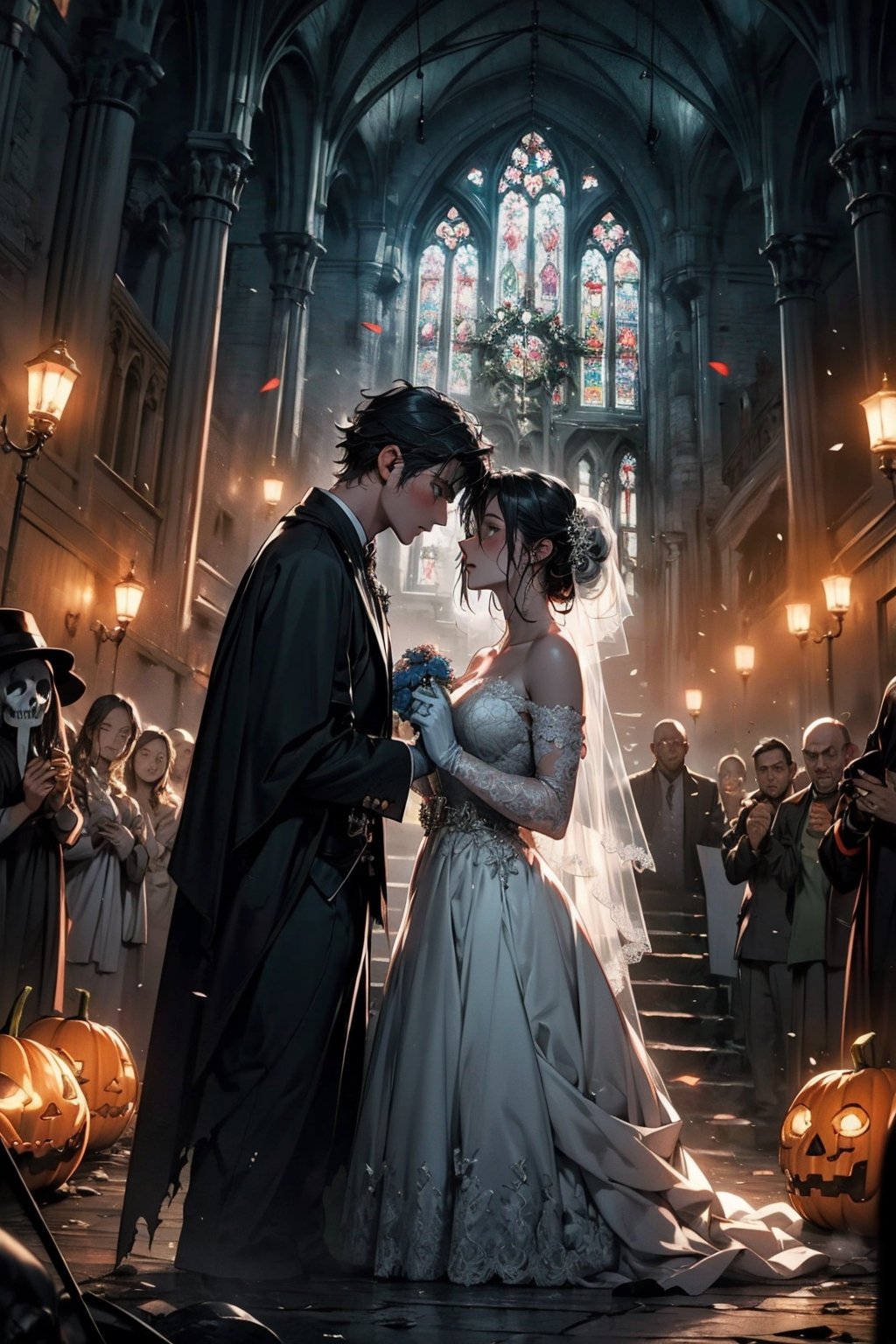 in the ruins of a gothic style church, the sacrament of marriage is being carried out between the bride and groom led by a priest, 2boys, 1girl (1girl bride, zombie, grayish-blue skin, long black hair, bare shoulders, torn wedding dress, torn bridal veil, torn elbow gloves.) (1boy groom, zombie, grayish-blue skin, torn black suit.) (1boy priest, jack-o-lantern head, skull, priest robe, priest outfits, raise hands.) Altar, skull, candel, green fire, black rose, ((ultra-detailed)), ((high resolution)), ((extremely detailed)), ((8k)), ((Detailed Scenery)), nightmare_night,more detail,midjourney,better_hands,hands