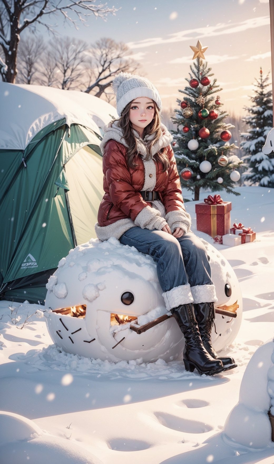 1 girl, snow, winter outfit, bonfire, sitting, tent, christmas tree, Christmas theme, cold, snowman, sunset, illustration,