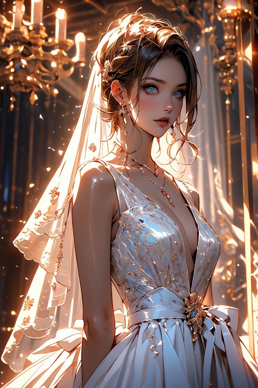 ((Best quality,masterpiece:1.3)), ultra high res,1girl, firearm, dress, blonde hair, veil, solo, jewelry, blood, necklace, blue eyes, blood on clothes, white, bridal veil, wedding dress, tree, building,(covered in  artstation),FAN ART style, colourful, beautiful, artstation, film mood, dramatic, oppressive lighting, shadows, cinematic atmosphere, sharp focus, 